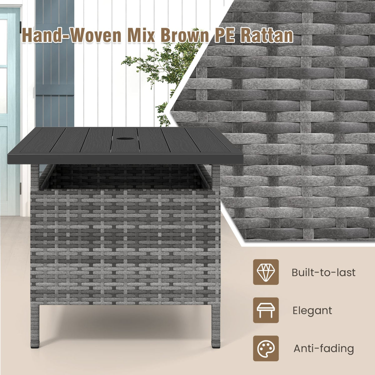 Patio Square Wicker Side Table with Umbrella Hole for Yard-Gray-Patio Coffee Tables-DECOROLALA