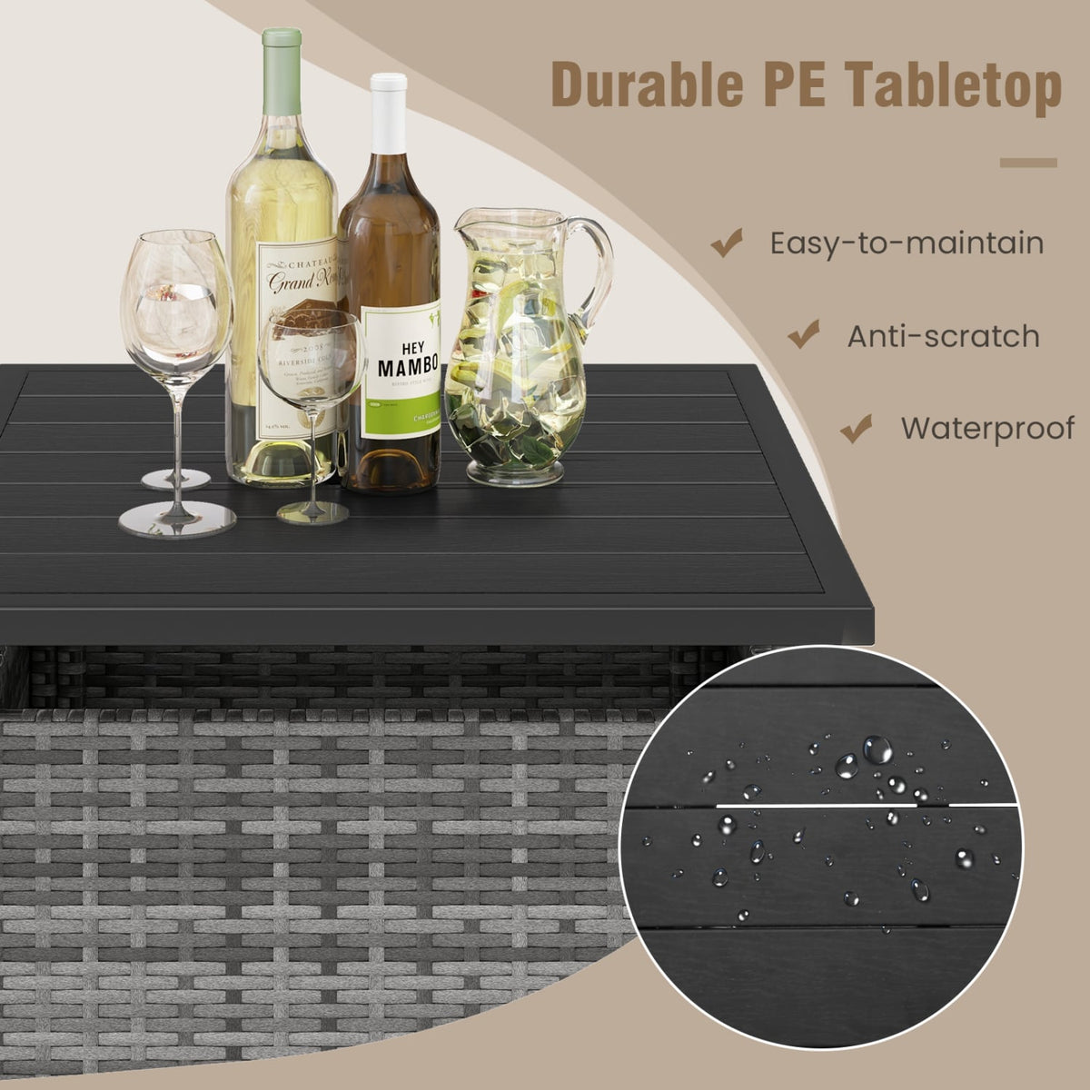 Patio Square Wicker Side Table with Umbrella Hole for Yard-Gray-Patio Coffee Tables-DECOROLALA