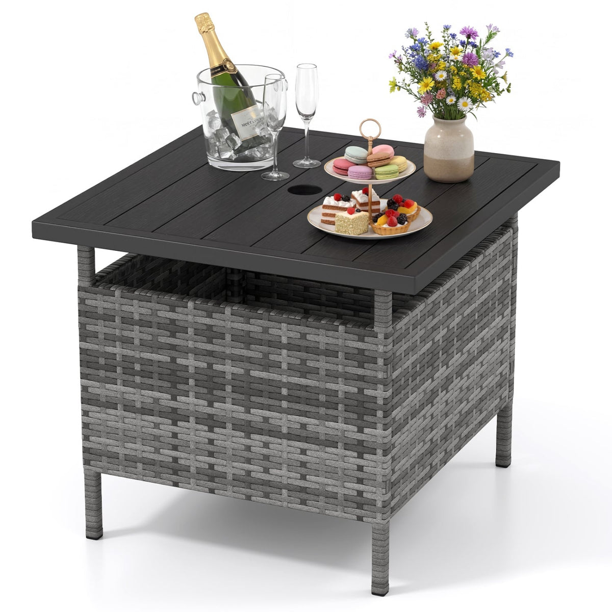 Patio Square Wicker Side Table with Umbrella Hole for Yard-Gray-Patio Coffee Tables-DECOROLALA
