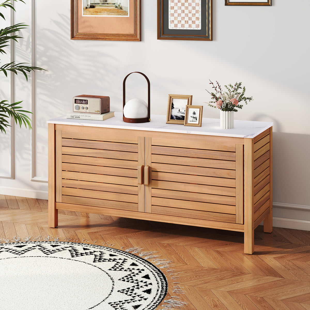 Patio Storage Cabinet 2-Door Acacia Wood Storage Container with Faux Marble Top-Sheds & Outdoor Storage-DECOROLALA