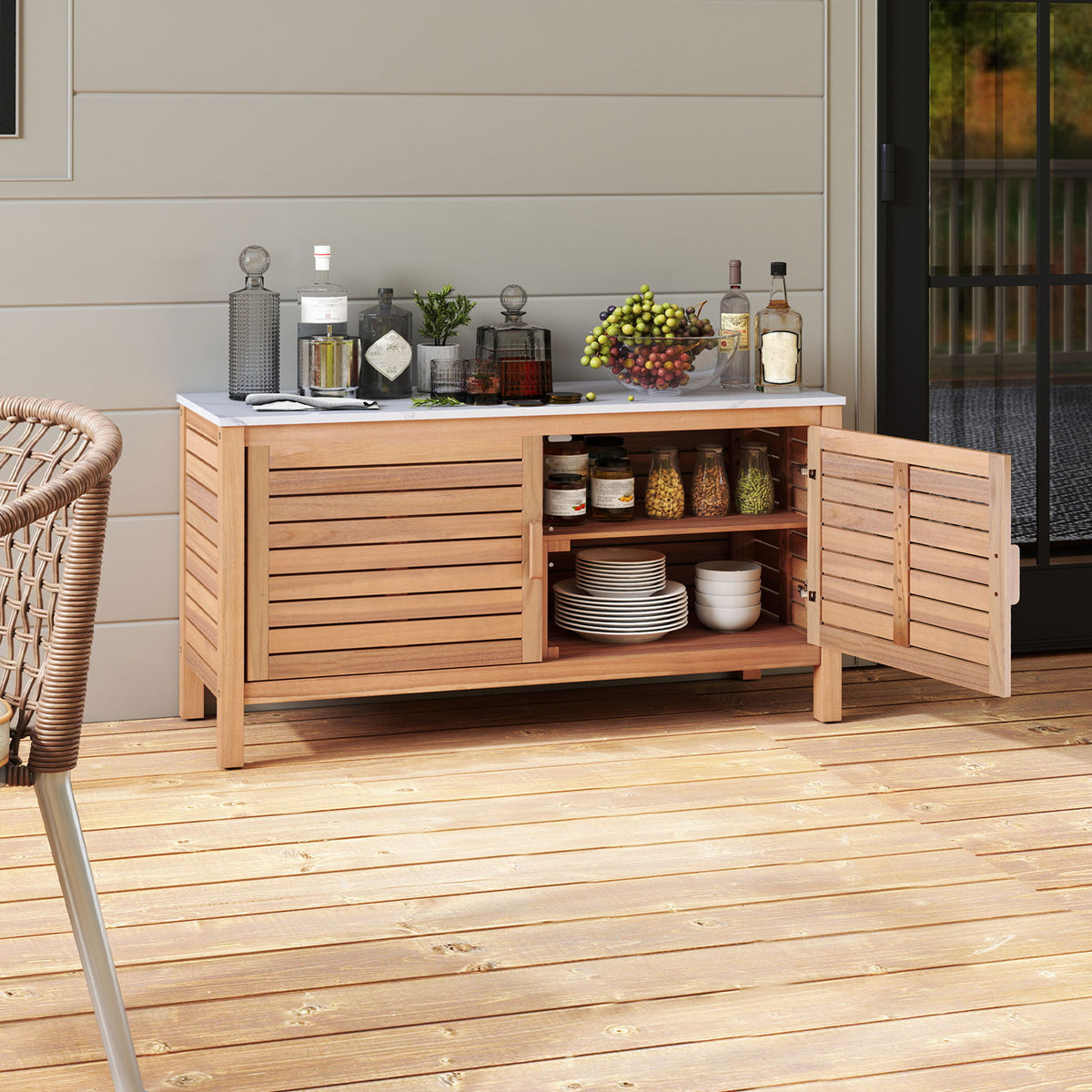 Patio Storage Cabinet 2-Door Acacia Wood Storage Container with Faux Marble Top-Sheds & Outdoor Storage-DECOROLALA