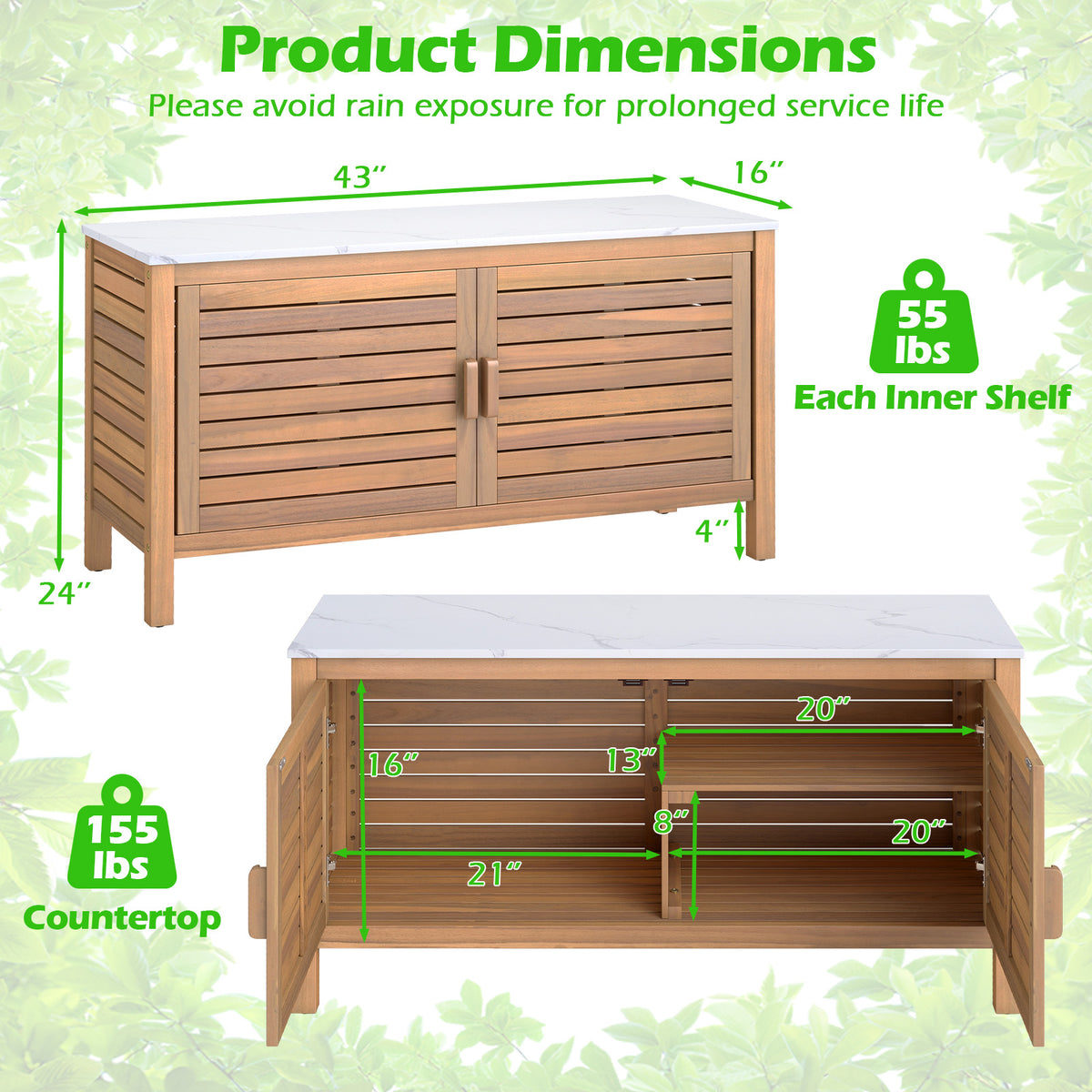 Patio Storage Cabinet 2-Door Acacia Wood Storage Container with Faux Marble Top-Sheds & Outdoor Storage-DECOROLALA