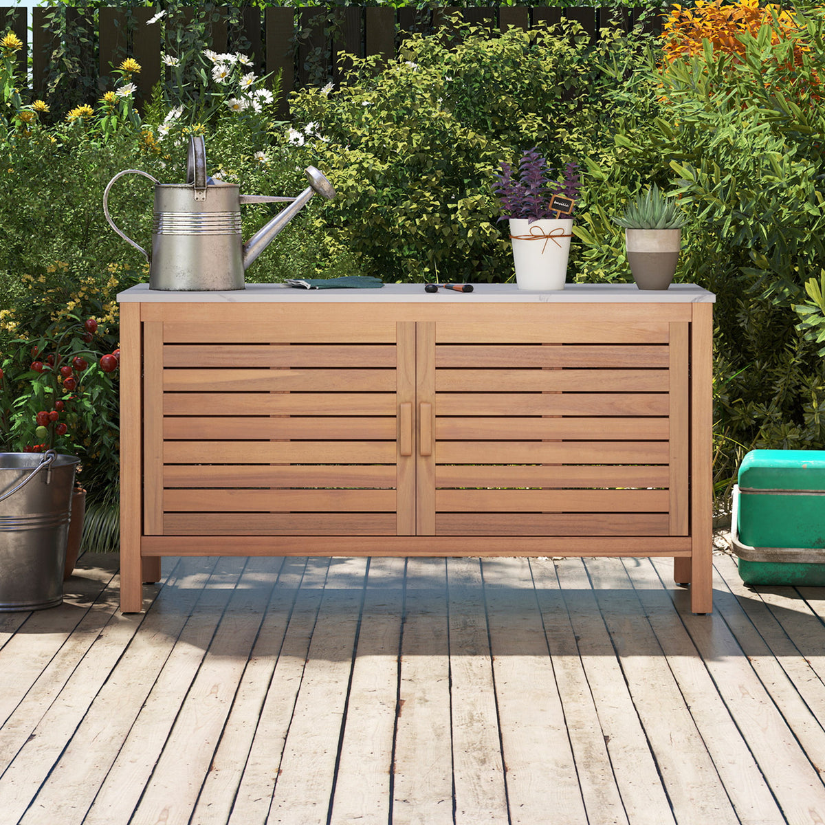 Patio Storage Cabinet 2-Door Acacia Wood Storage Container with Faux Marble Top-Sheds & Outdoor Storage-DECOROLALA