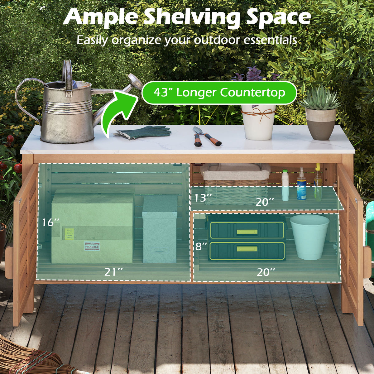 Patio Storage Cabinet 2-Door Acacia Wood Storage Container with Faux Marble Top-Sheds & Outdoor Storage-DECOROLALA