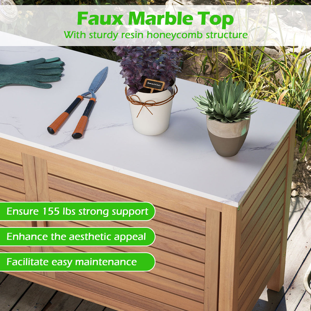 Patio Storage Cabinet 2-Door Acacia Wood Storage Container with Faux Marble Top-Sheds & Outdoor Storage-DECOROLALA