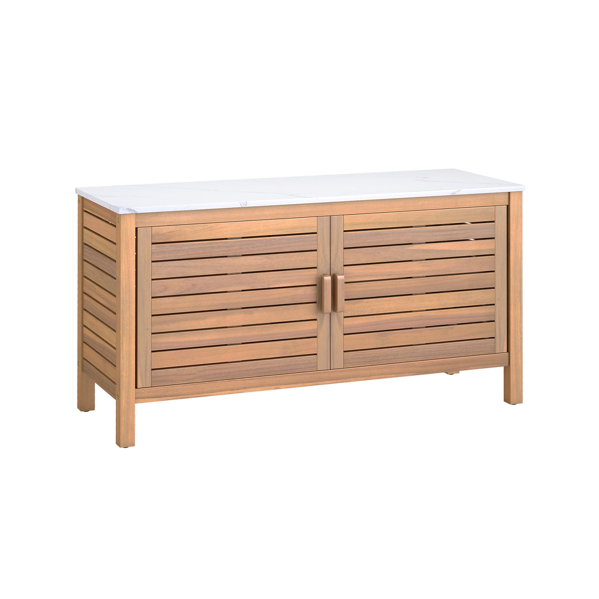 Patio Storage Cabinet 2-Door Acacia Wood Storage Container with Faux Marble Top-Sheds & Outdoor Storage-DECOROLALA
