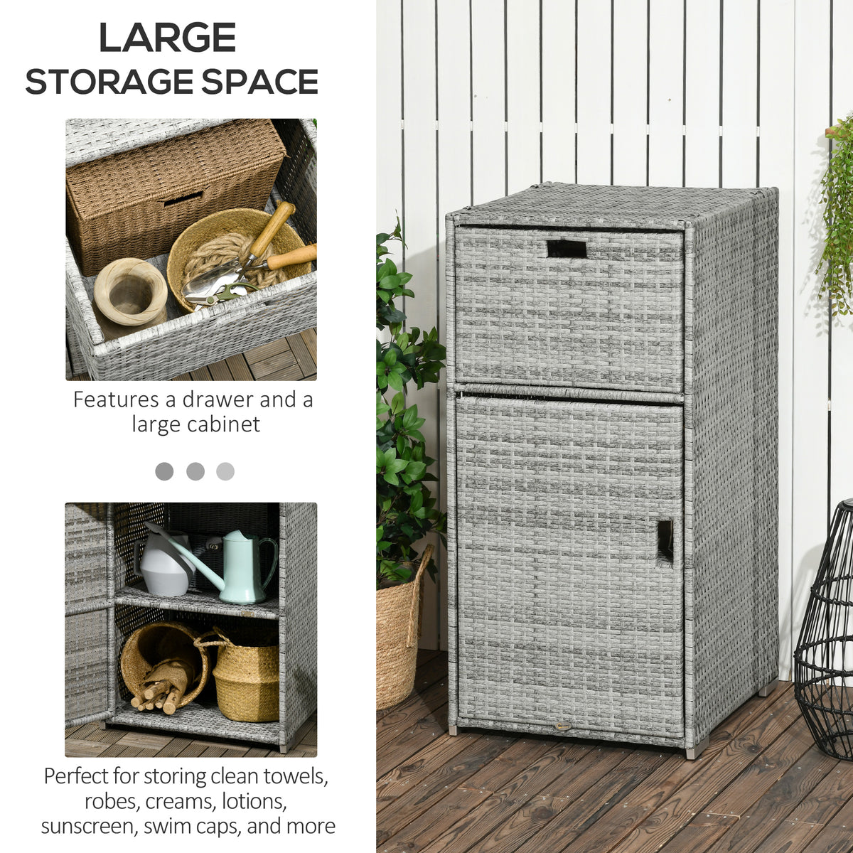 Patio Storage Cabinet, Outdoor Towel Rack for Pool, PE Rattan Wicker Hot Tub Accessory, with Basket Drawer, Mixed Grey-Towel Racks-DECOROLALA