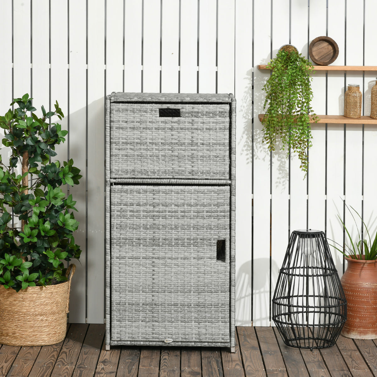 Patio Storage Cabinet, Outdoor Towel Rack for Pool, PE Rattan Wicker Hot Tub Accessory, with Basket Drawer, Mixed Grey-Towel Racks-DECOROLALA