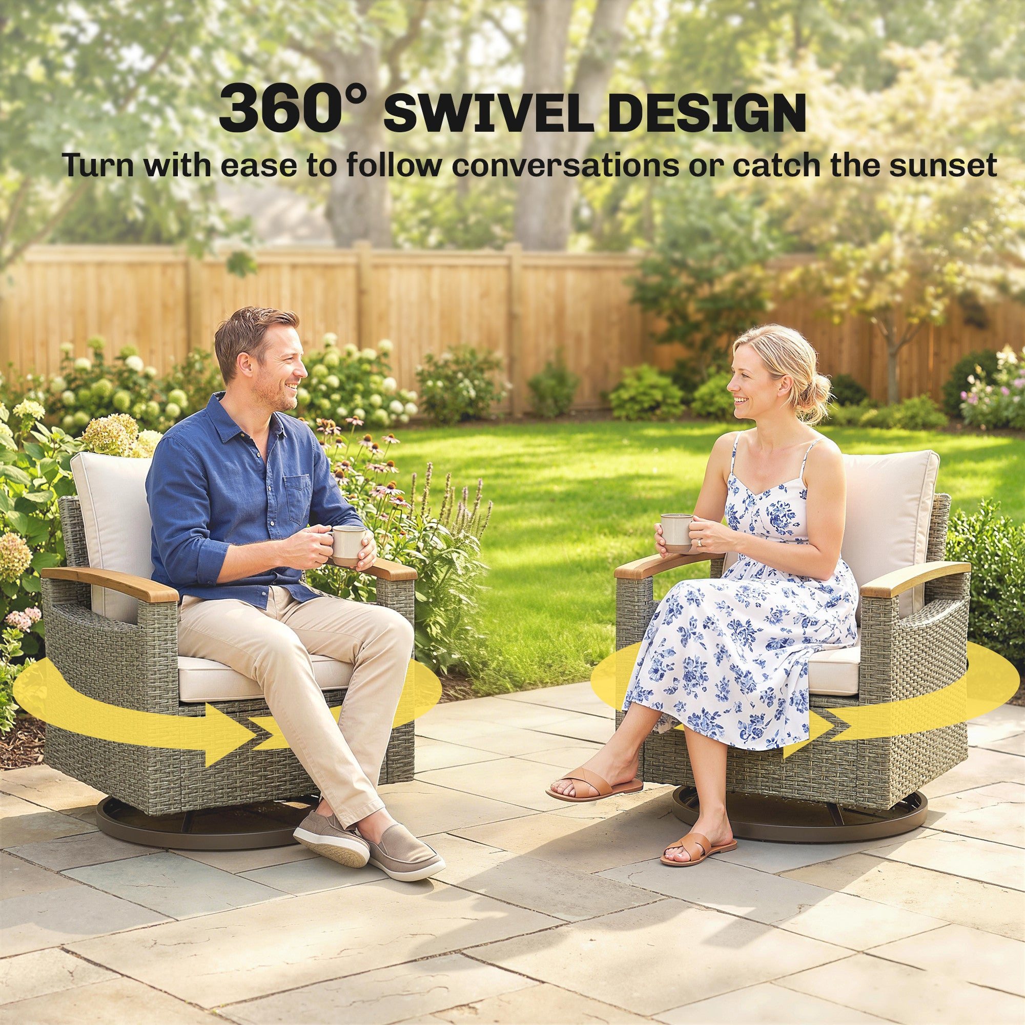 Patio Swivel Chair Set of 2 - PE Rattan Cream White-DECOROLALA