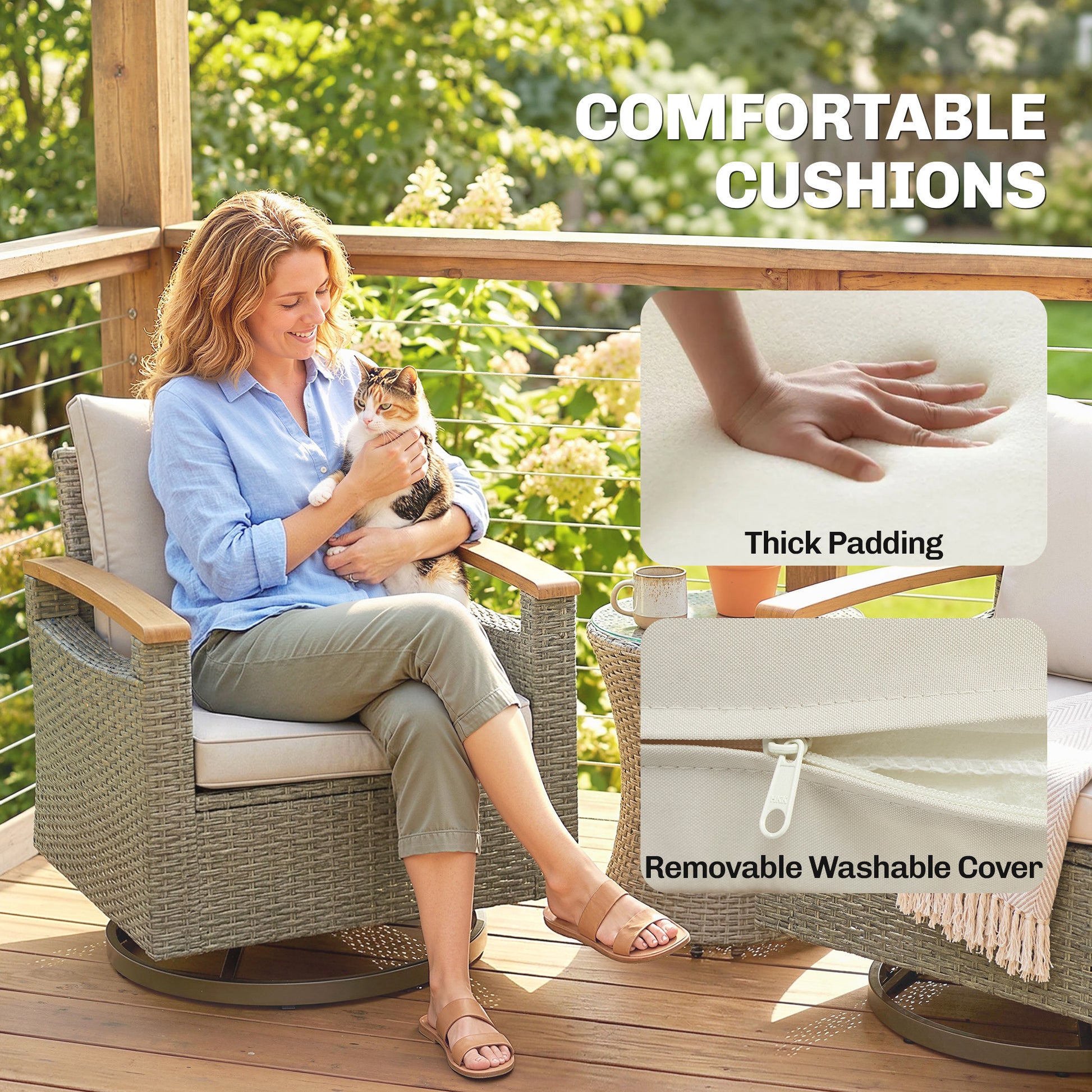 Patio Swivel Chair Set of 2 - PE Rattan Cream White-DECOROLALA