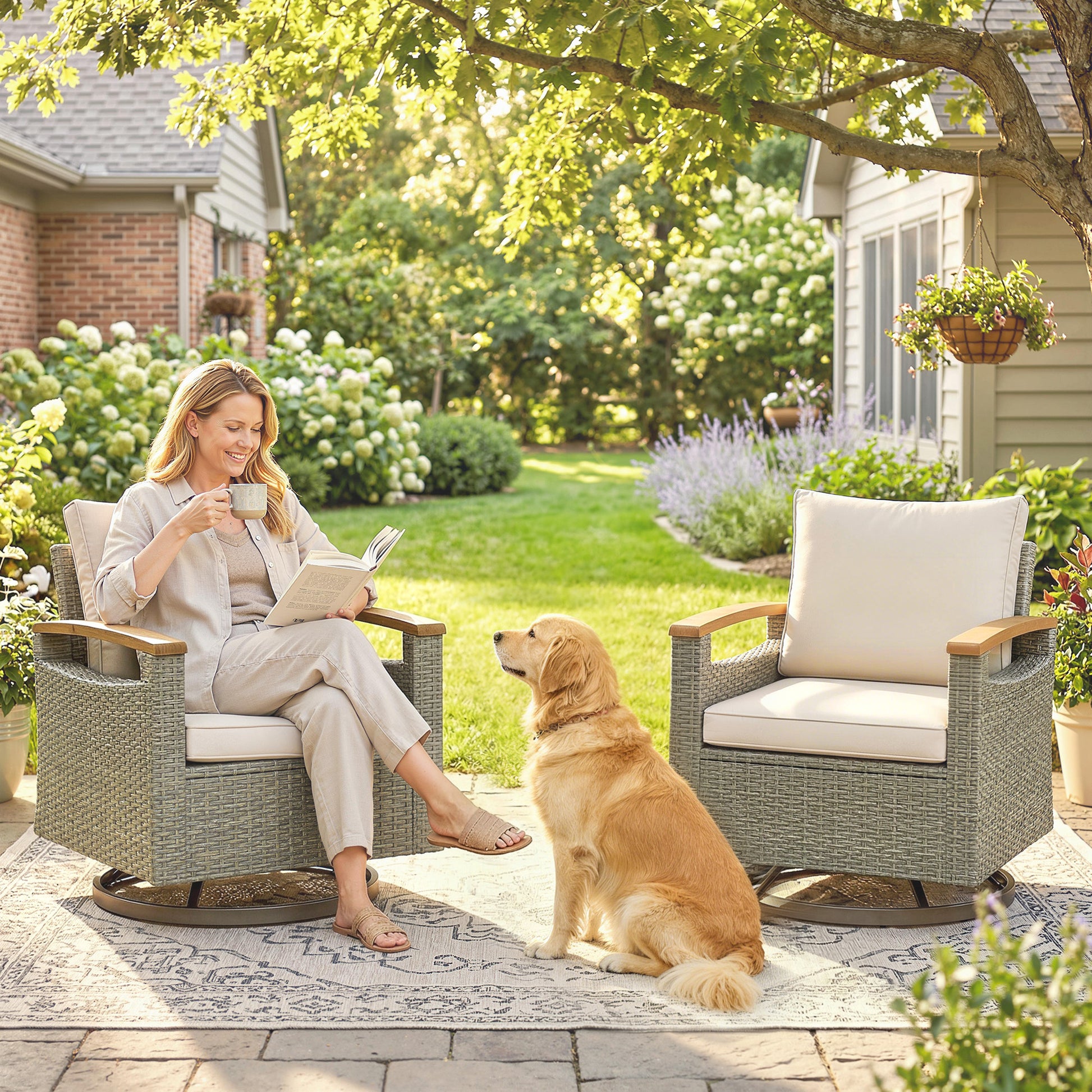Patio Swivel Chair Set of 2 - PE Rattan Cream White-DECOROLALA
