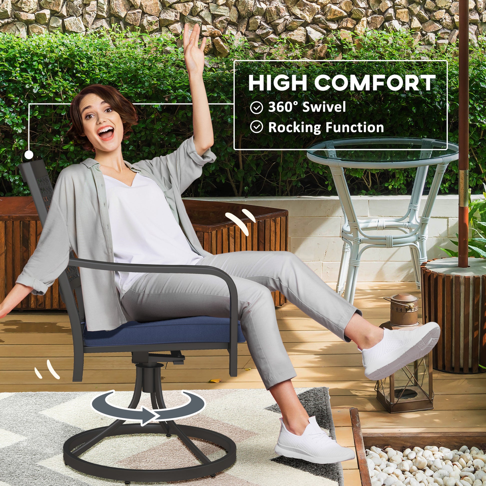 Patio Swivel Rocker Chairs - Navy Blue (Set of 2)-DECOROLALA