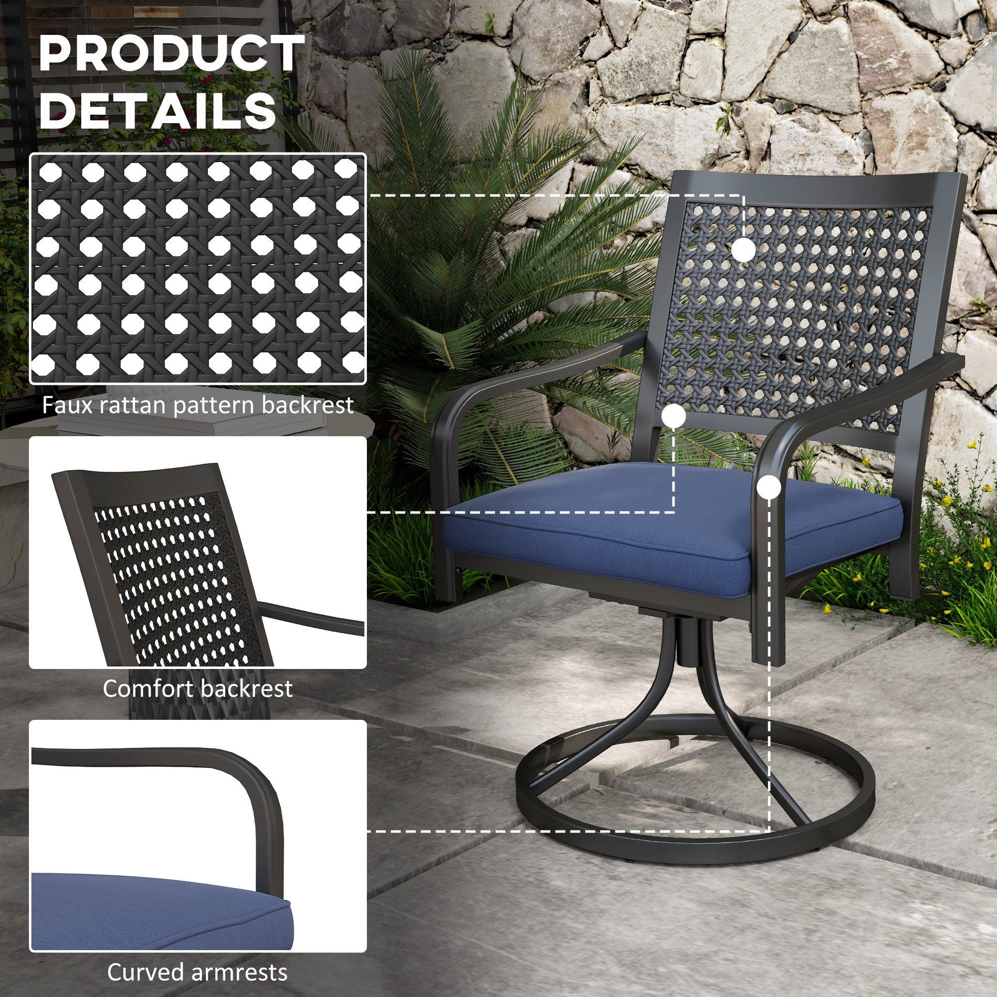 Patio Swivel Rocker Chairs - Navy Blue (Set of 2)-DECOROLALA