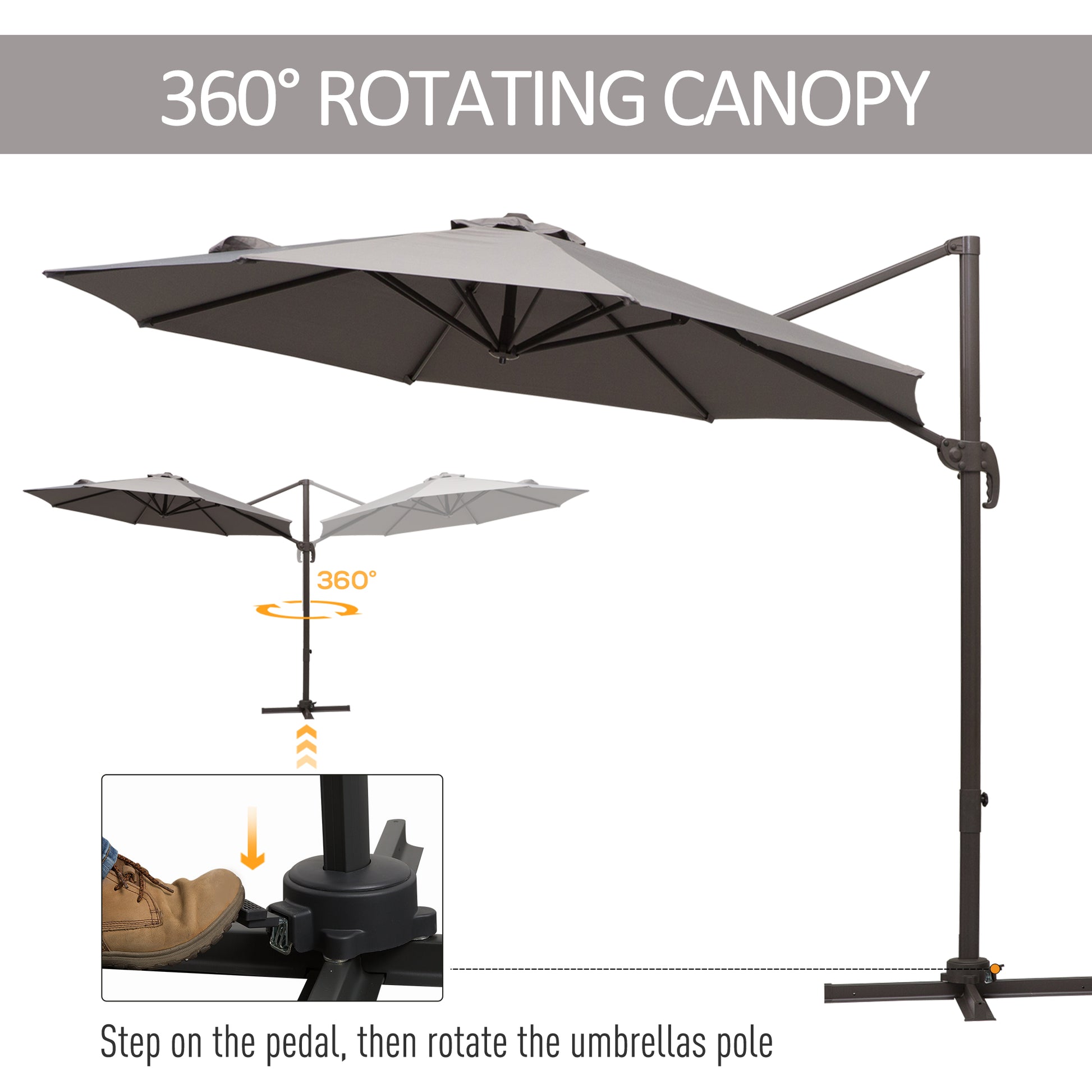 Patio Umbrella 10ft Cantilever 360¡ Rotation Grey, Deck Garden Shade-DECOROLALA