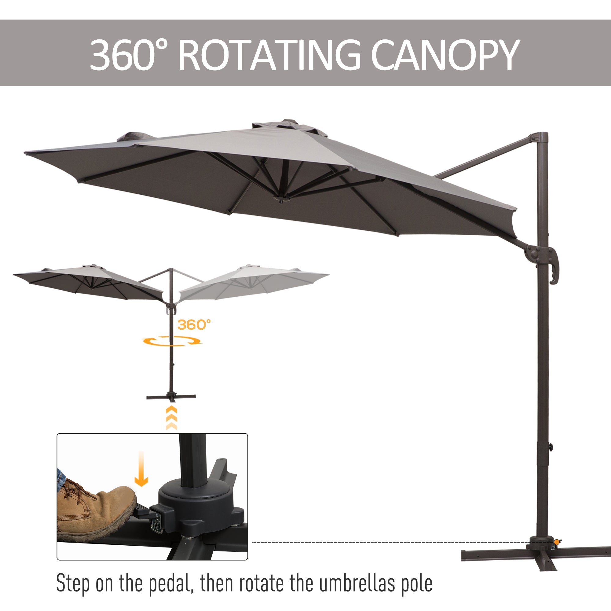 Patio Umbrella 10ft Cantilever 360¡ Rotation Grey, Deck Garden Shade-DECOROLALA