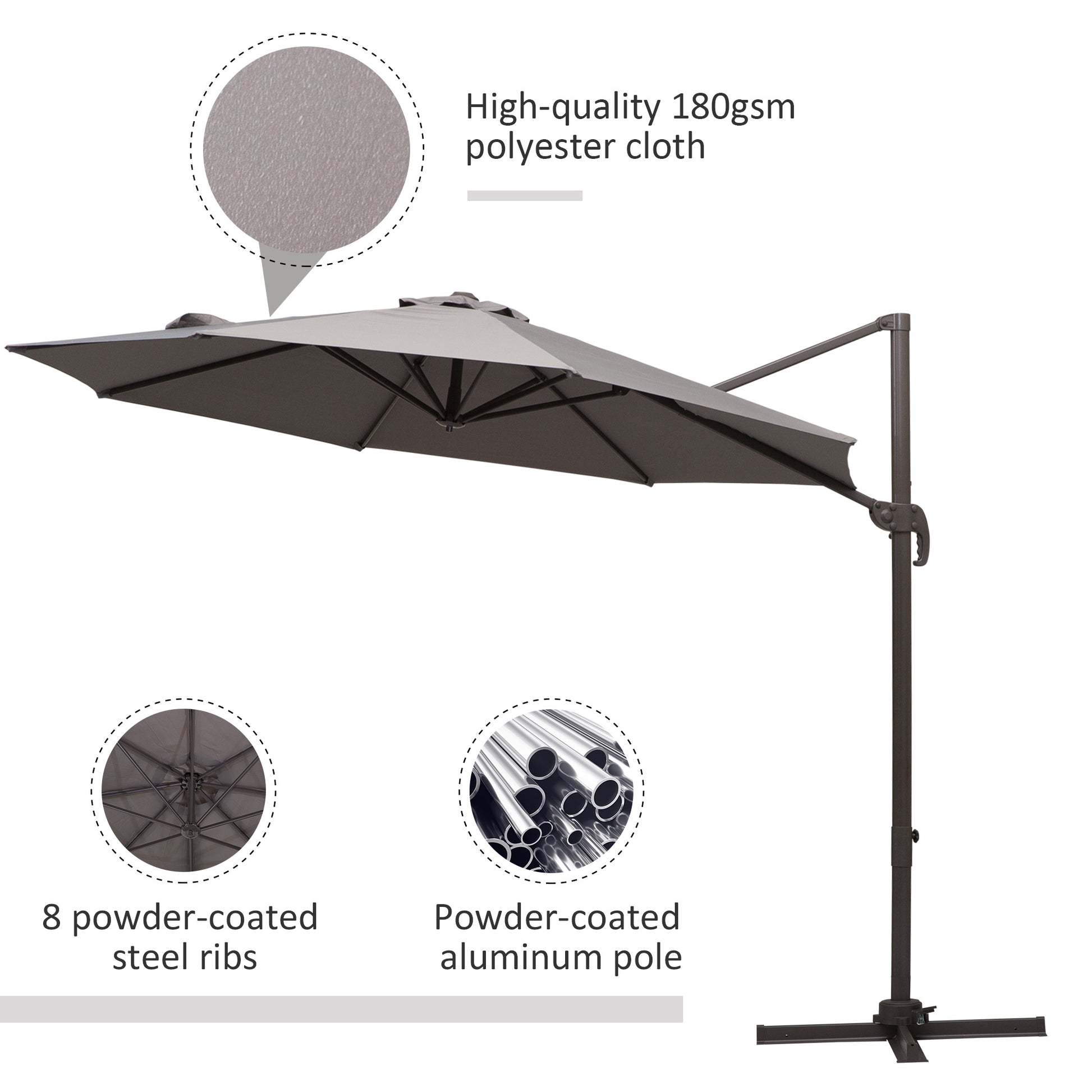 Patio Umbrella 10ft Cantilever 360¡ Rotation Grey, Deck Garden Shade-DECOROLALA
