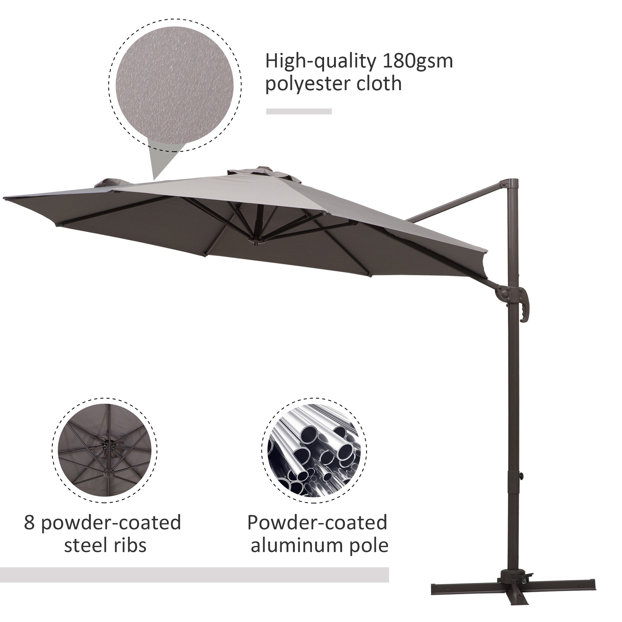 Patio Umbrella 10ft Cantilever 360¡ Rotation Grey, Deck Garden Shade-DECOROLALA