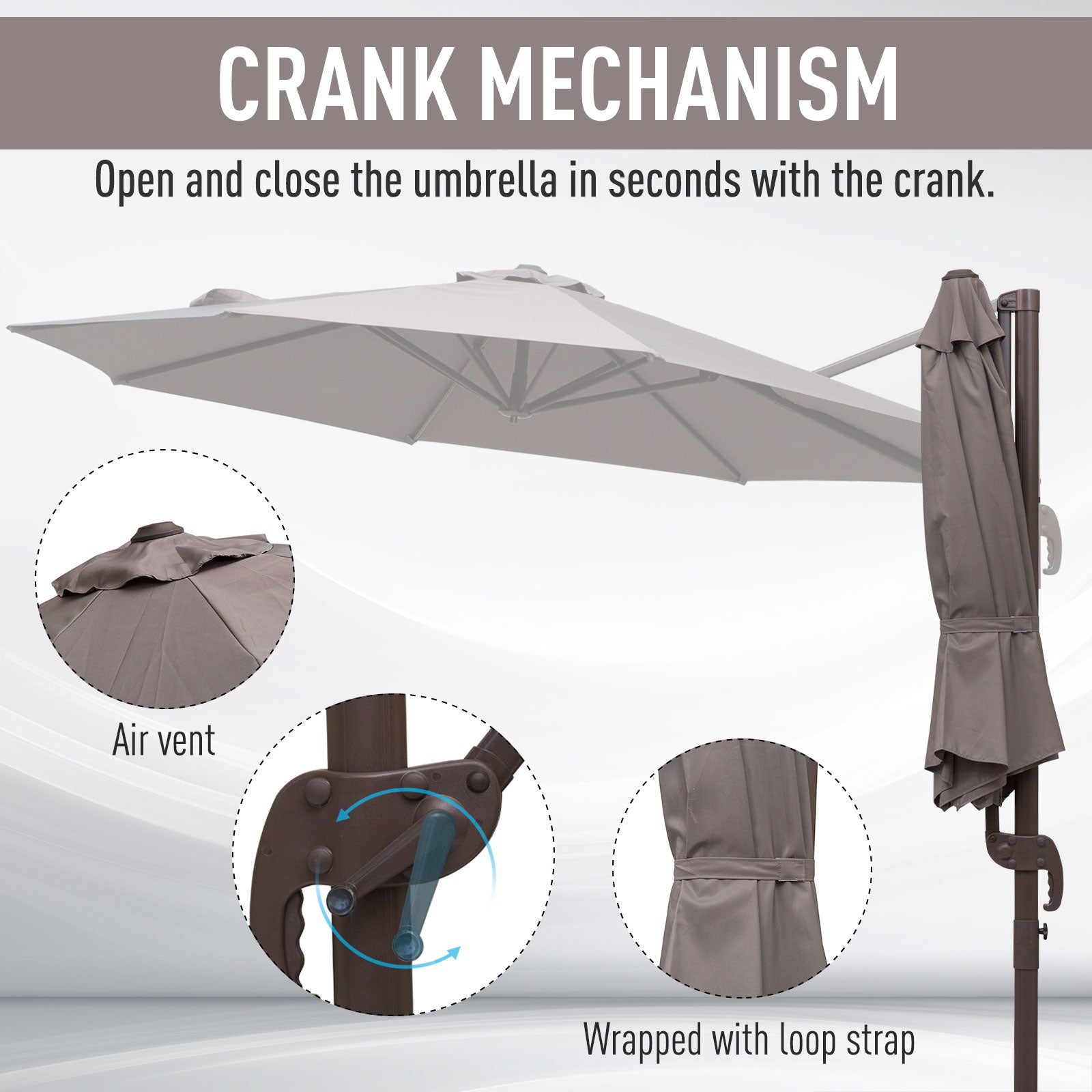 Patio Umbrella 10ft Cantilever 360¡ Rotation Grey, Deck Garden Shade-DECOROLALA