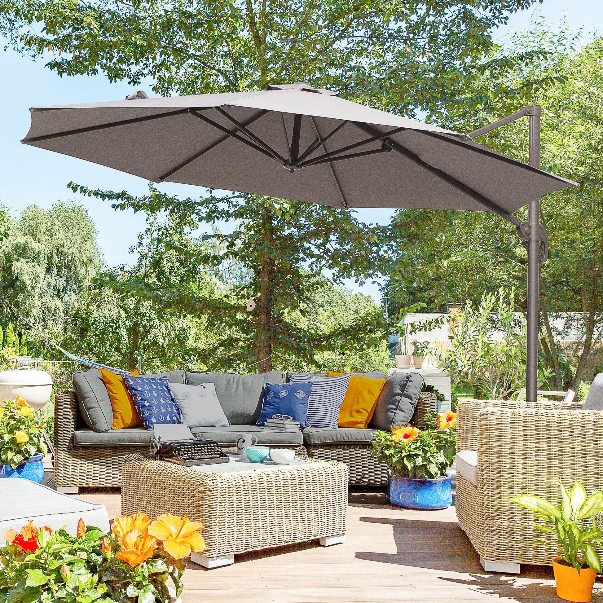Patio Umbrella 10ft Cantilever 360¡ Rotation Grey, Deck Garden Shade-DECOROLALA