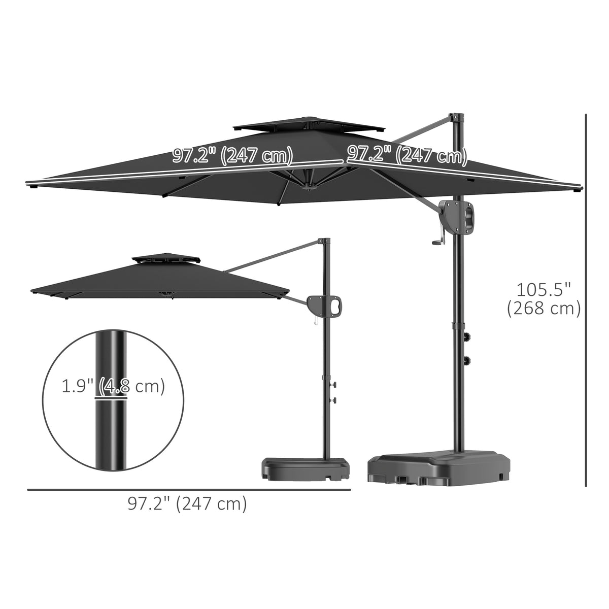 Patio Umbrella, 8' x 9' Dark Grey, Tilt & Crank, UV Protection-Patio Umbrellas-DECOROLALA