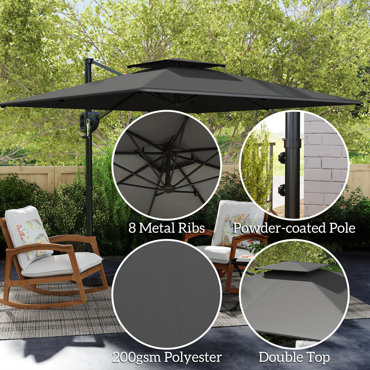 Patio Umbrella, 8' x 9' Dark Grey, Tilt & Crank, UV Protection-Patio Umbrellas-DECOROLALA