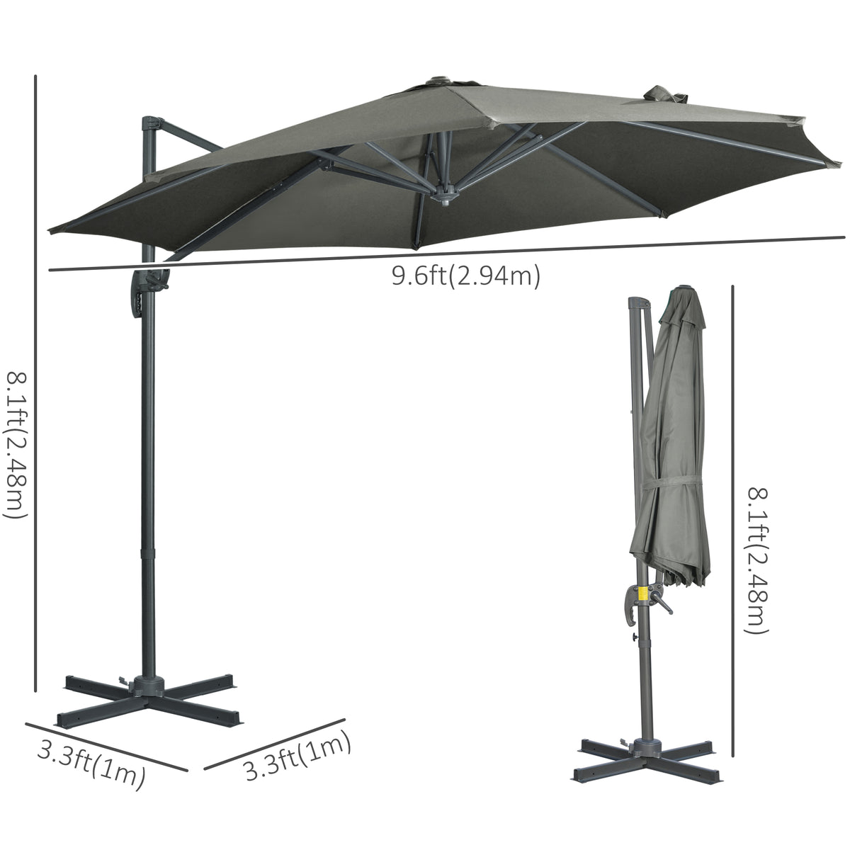 Patio Umbrella, 9.6' Offset, Grey, Aluminum, 360¡ Rotation, UV Resistant-Cantilever Umbrellas-DECOROLALA