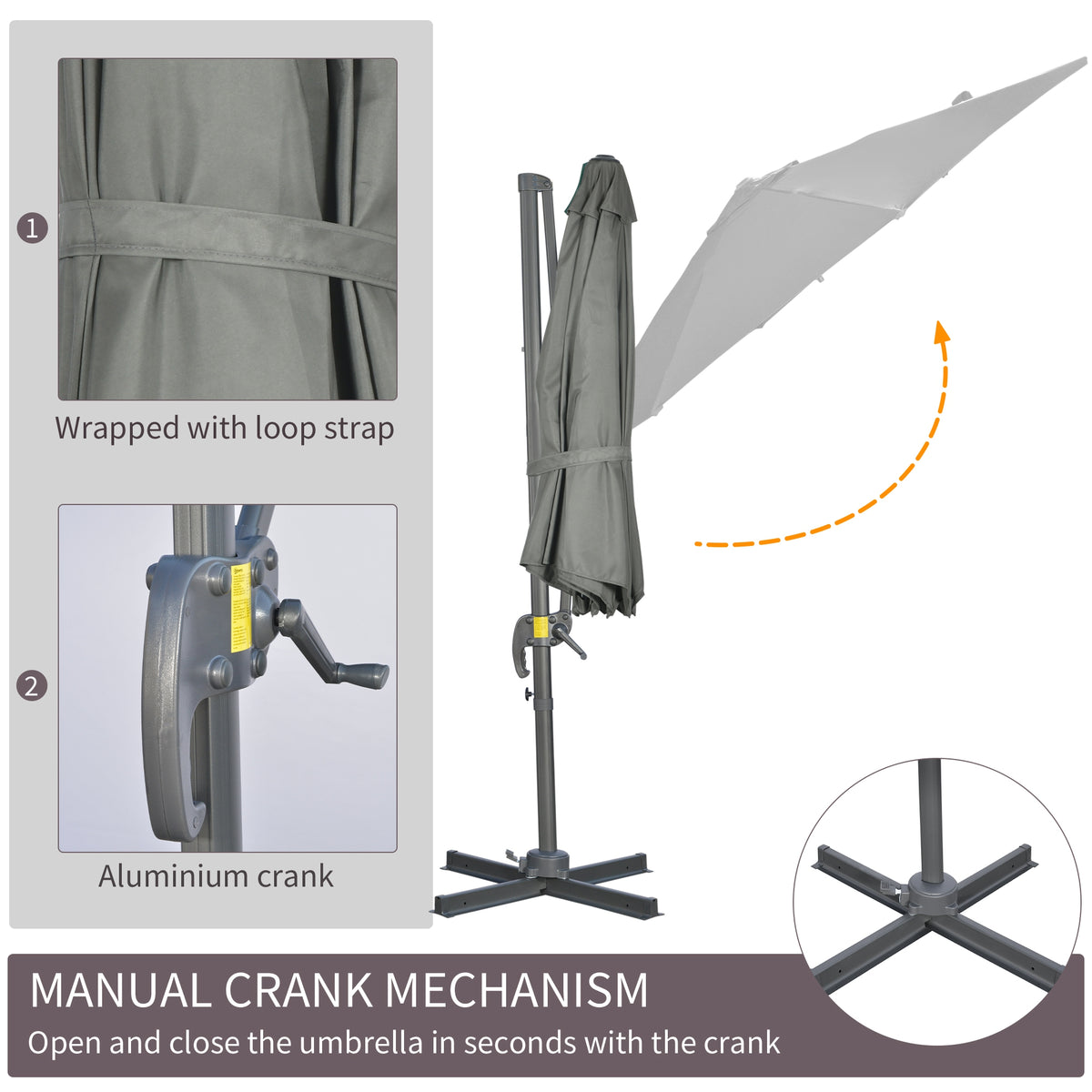 Patio Umbrella, 9.6' Offset, Grey, Aluminum, 360¡ Rotation, UV Resistant-Cantilever Umbrellas-DECOROLALA
