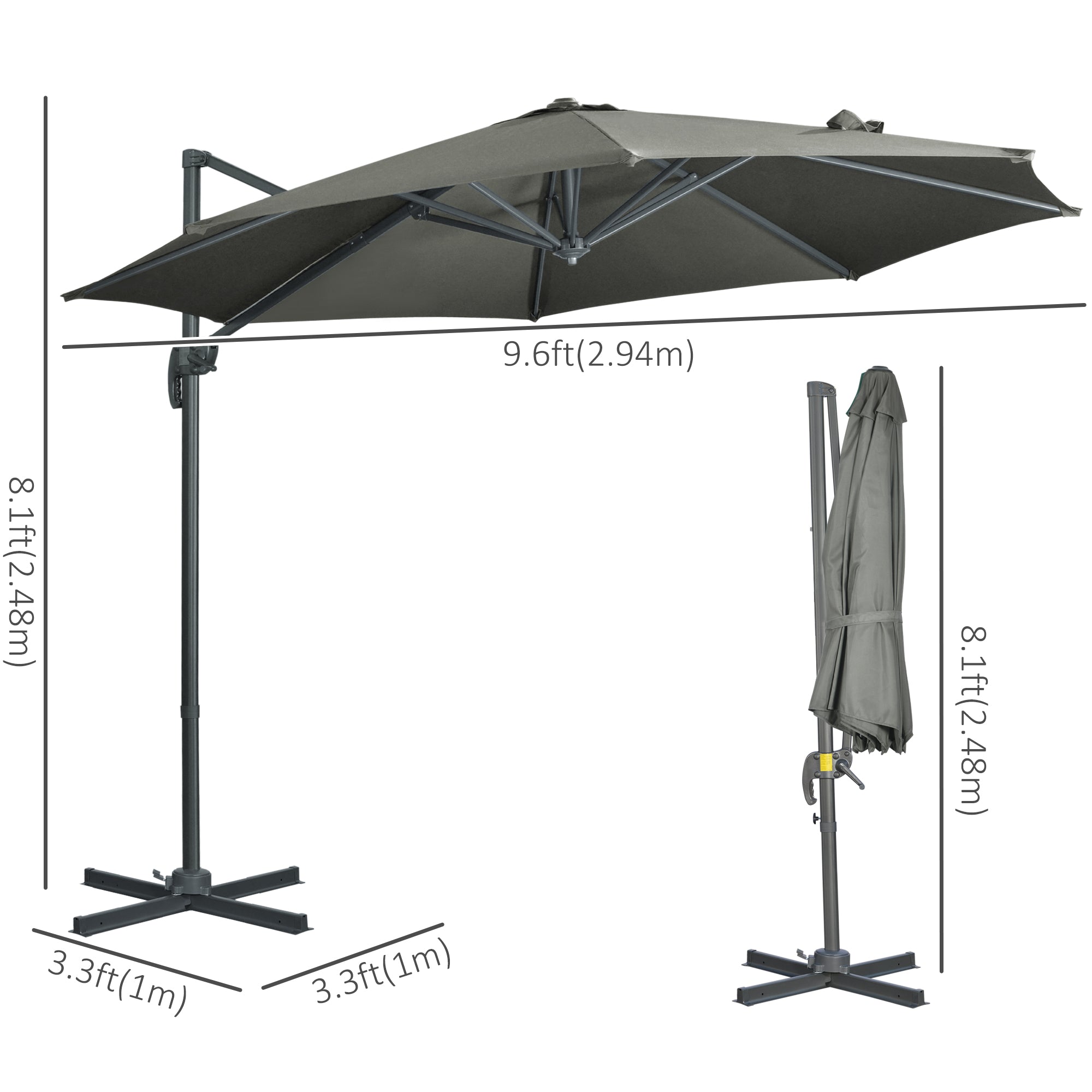 Patio Umbrella, 9.6' Offset, Grey, Aluminum, 360° Rotation, UV Resistant-DECOROLALA