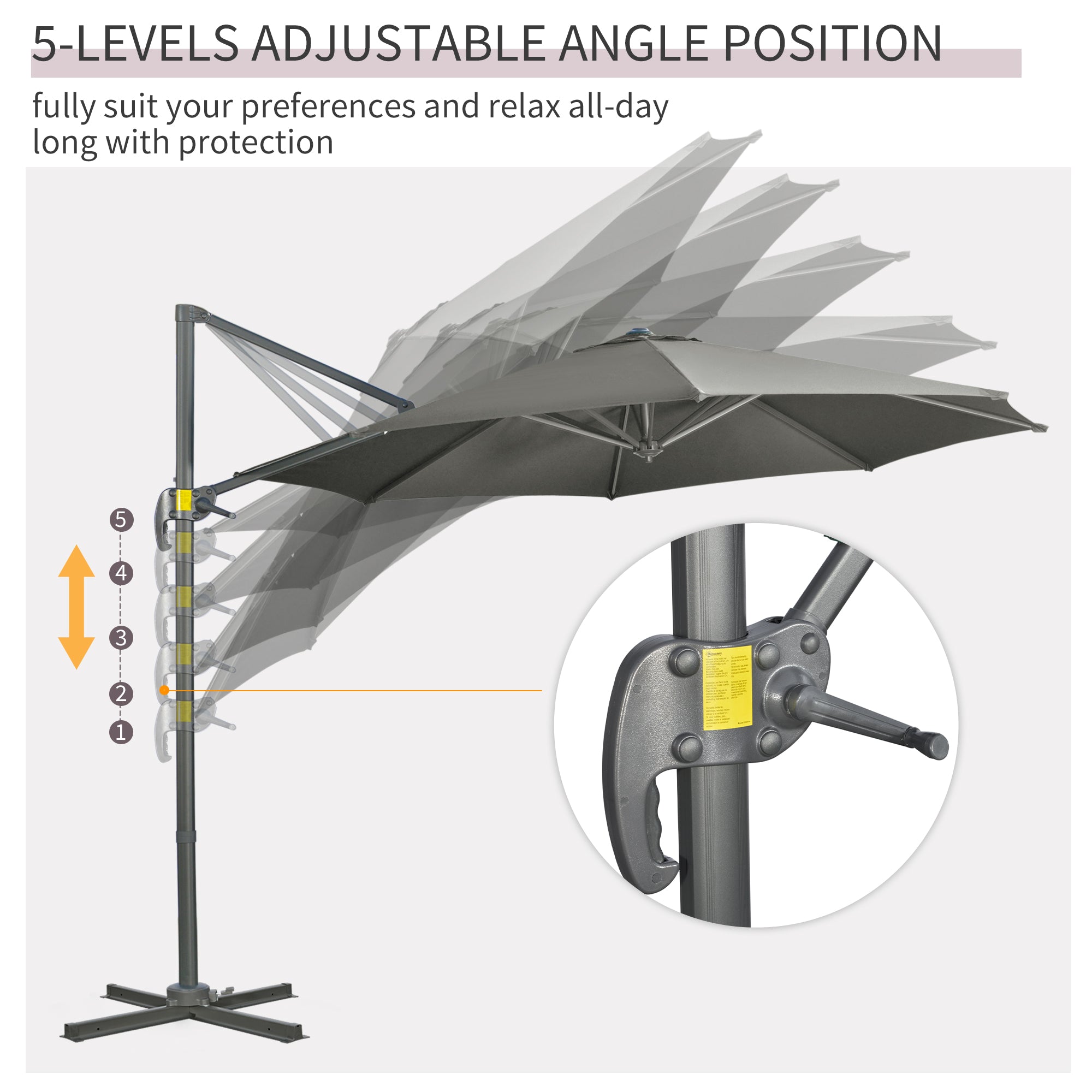 Patio Umbrella, 9.6' Offset, Grey, Aluminum, 360° Rotation, UV Resistant-DECOROLALA