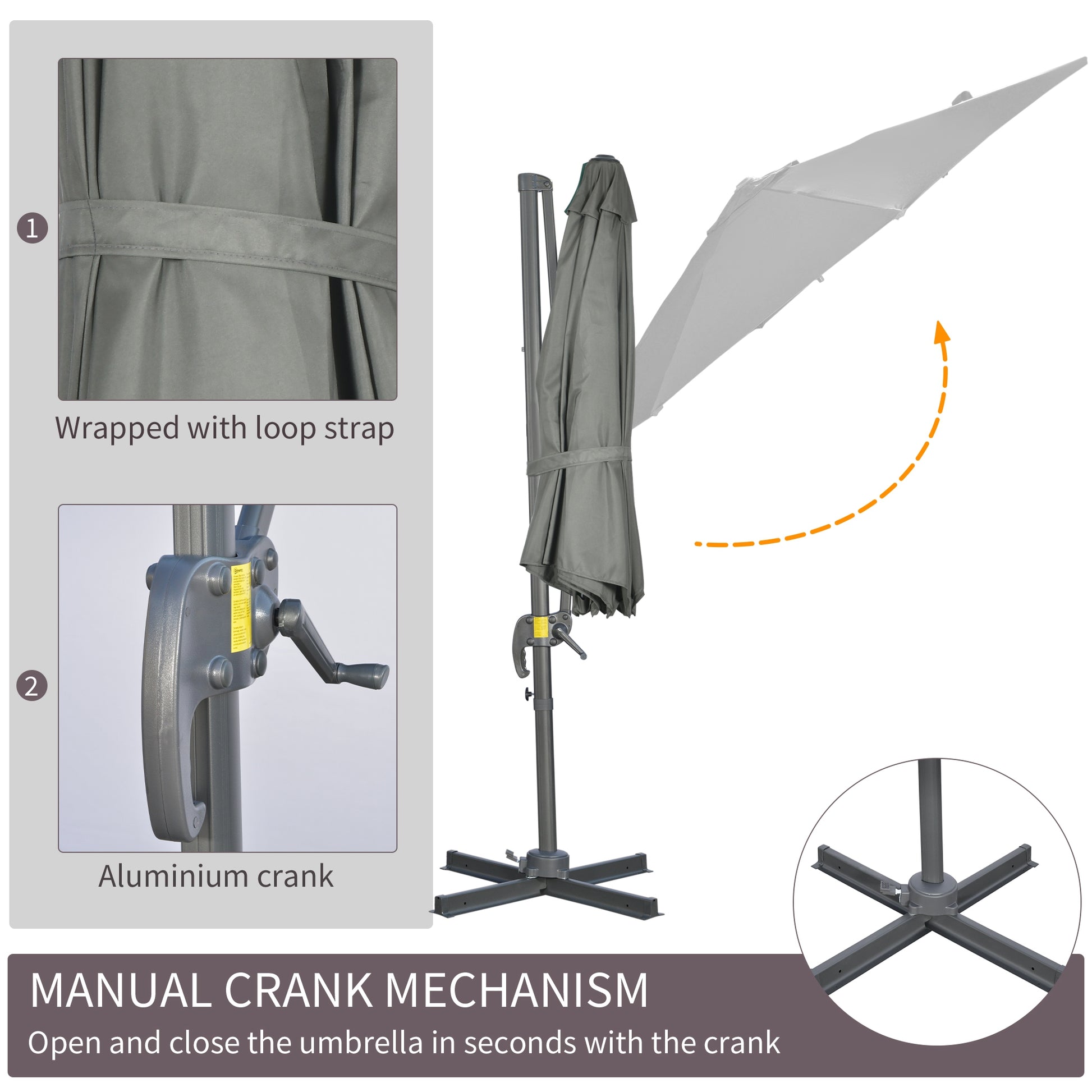 Patio Umbrella, 9.6' Offset, Grey, Aluminum, 360° Rotation, UV Resistant-DECOROLALA
