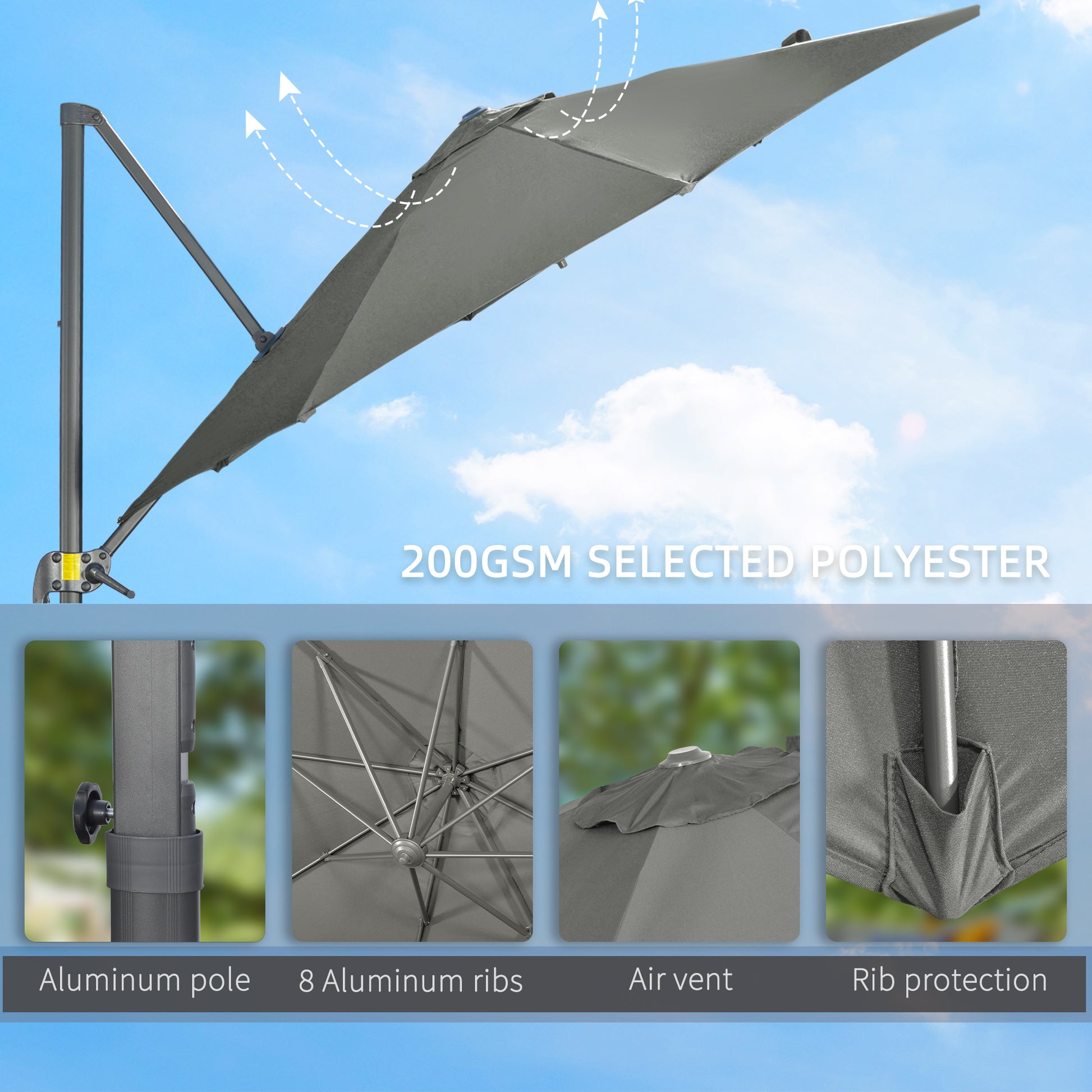 Patio Umbrella, 9.6' Offset, Grey, Aluminum, 360° Rotation, UV Resistant-DECOROLALA