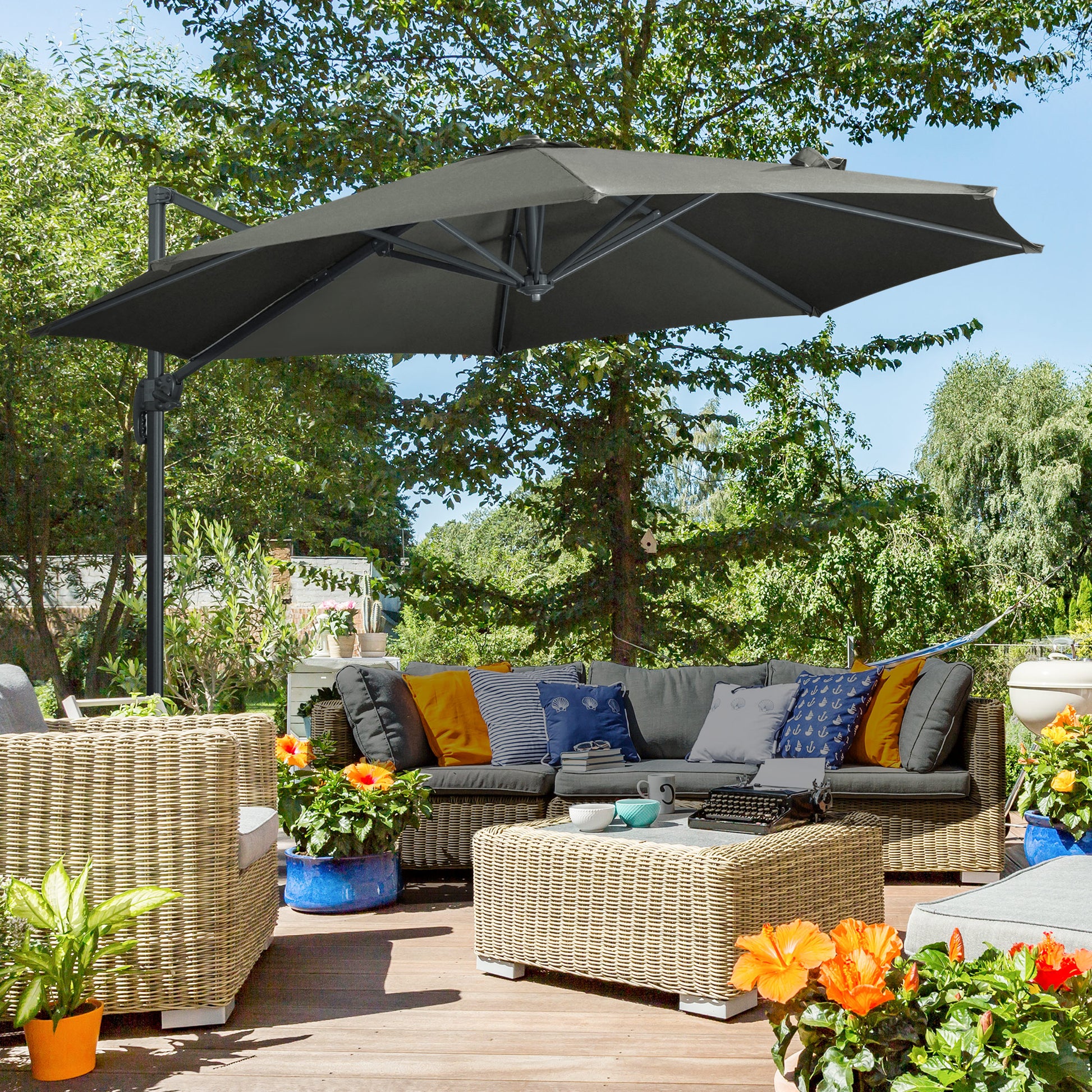 Patio Umbrella, 9.6' Offset, Grey, Aluminum, 360° Rotation, UV Resistant-DECOROLALA