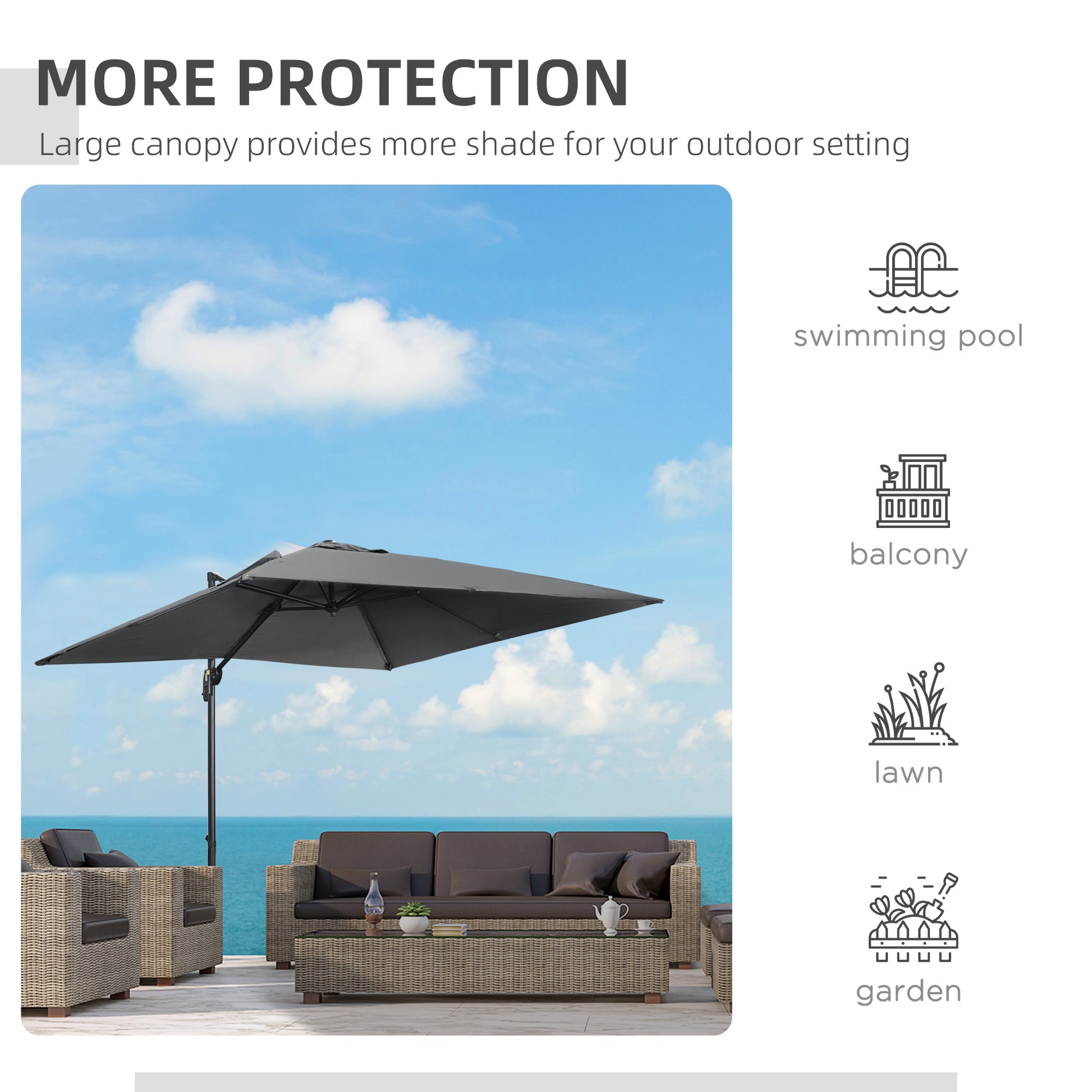 Patio Umbrella 9ft Square, Dark Grey, Aluminum Frame, Tilt, 360¡ Rotation-DECOROLALA