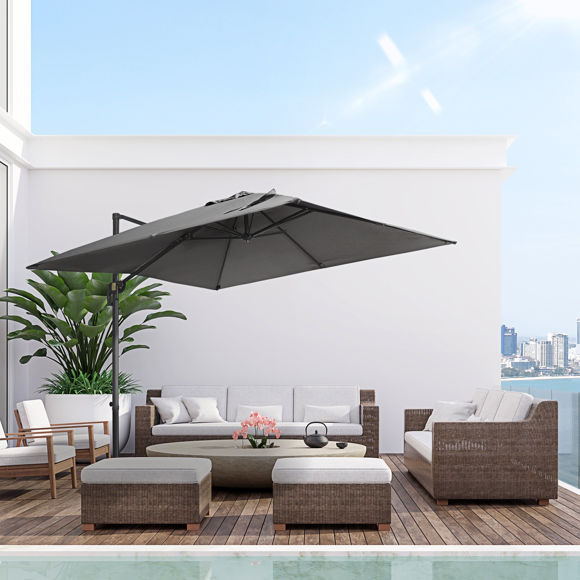 Patio Umbrella 9ft Square, Dark Grey, Aluminum Frame, Tilt, 360¡ Rotation-DECOROLALA