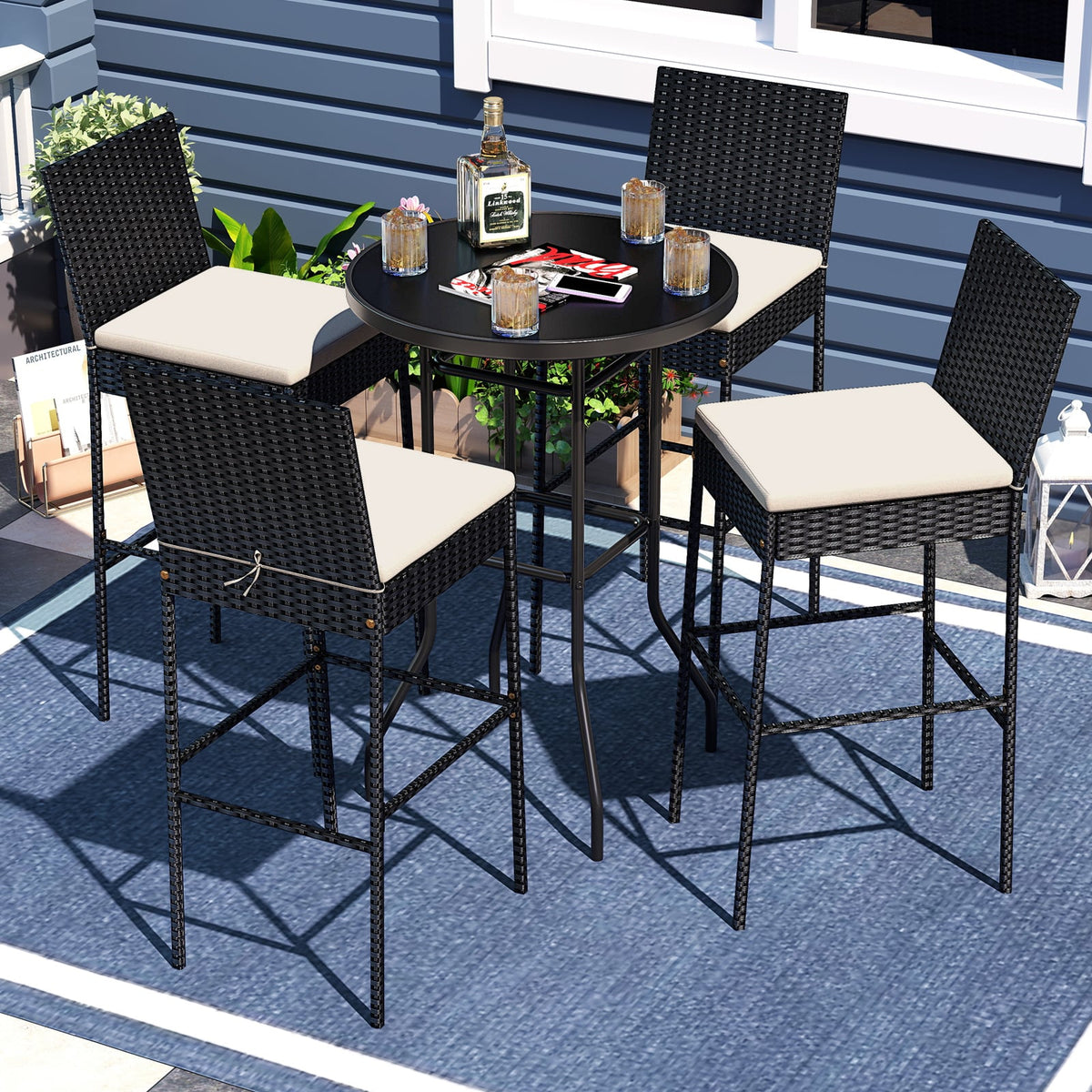 Patio Wicker Barstools with Footrest and Backrest Set of 4-Outdoor Bar Furniture-DECOROLALA
