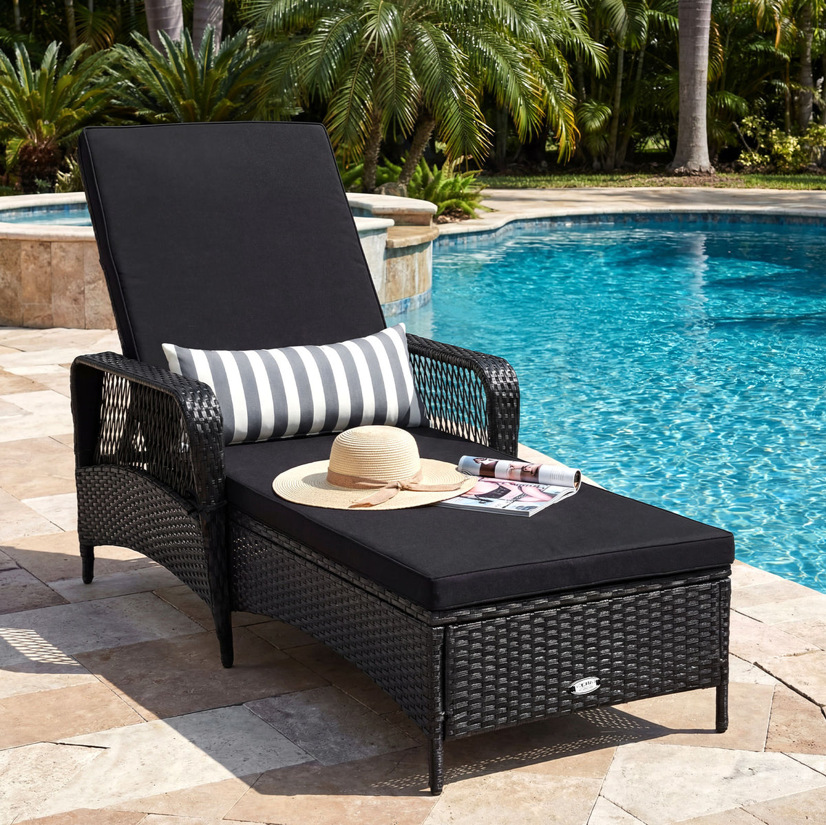 Patio Wicker Chaise Lounge Chair with Pillow and Adjustable Backrest with Cushion-Black-Outdoor Chaise Lounges-DECOROLALA