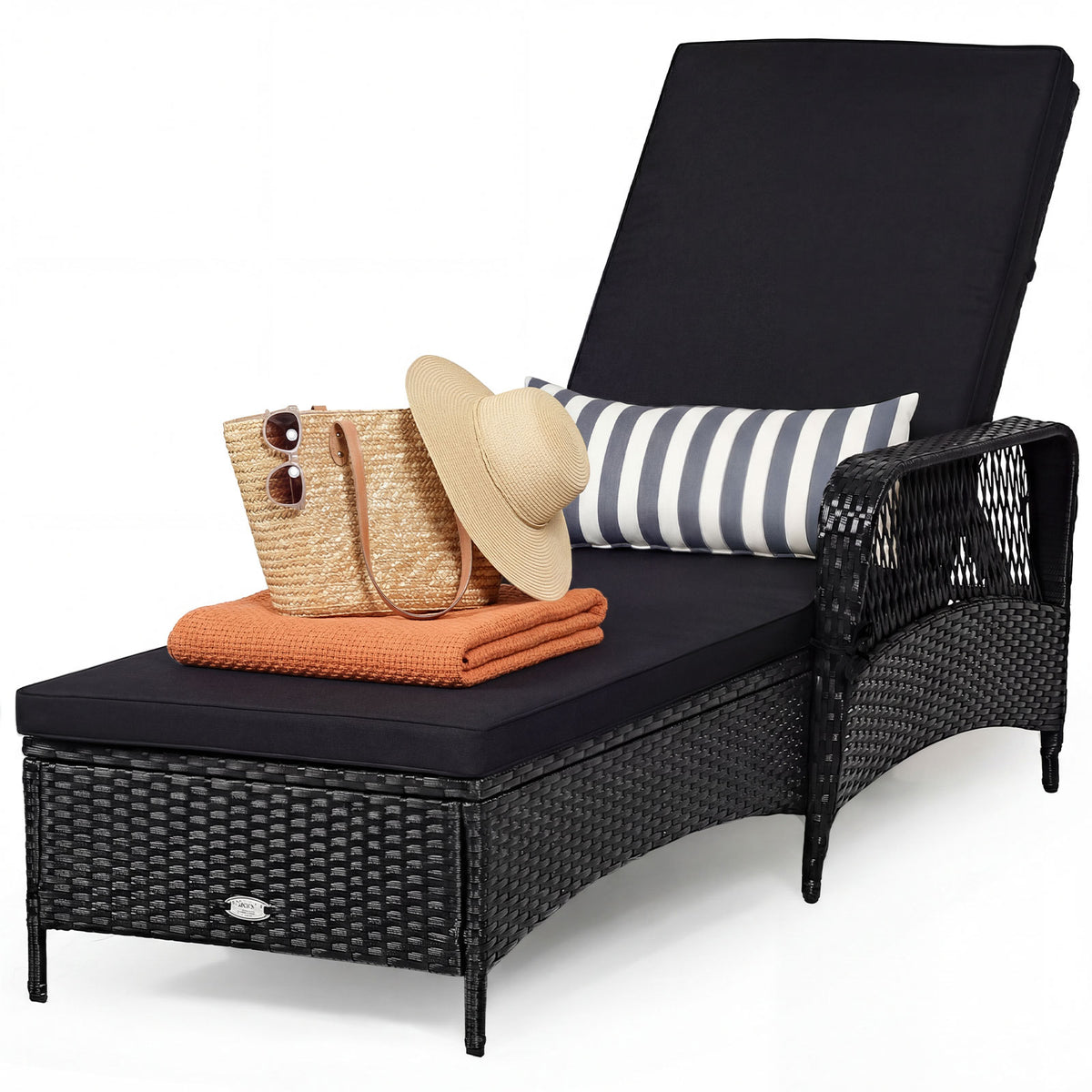 Patio Wicker Chaise Lounge Chair with Pillow and Adjustable Backrest with Cushion-Black-Outdoor Chaise Lounges-DECOROLALA