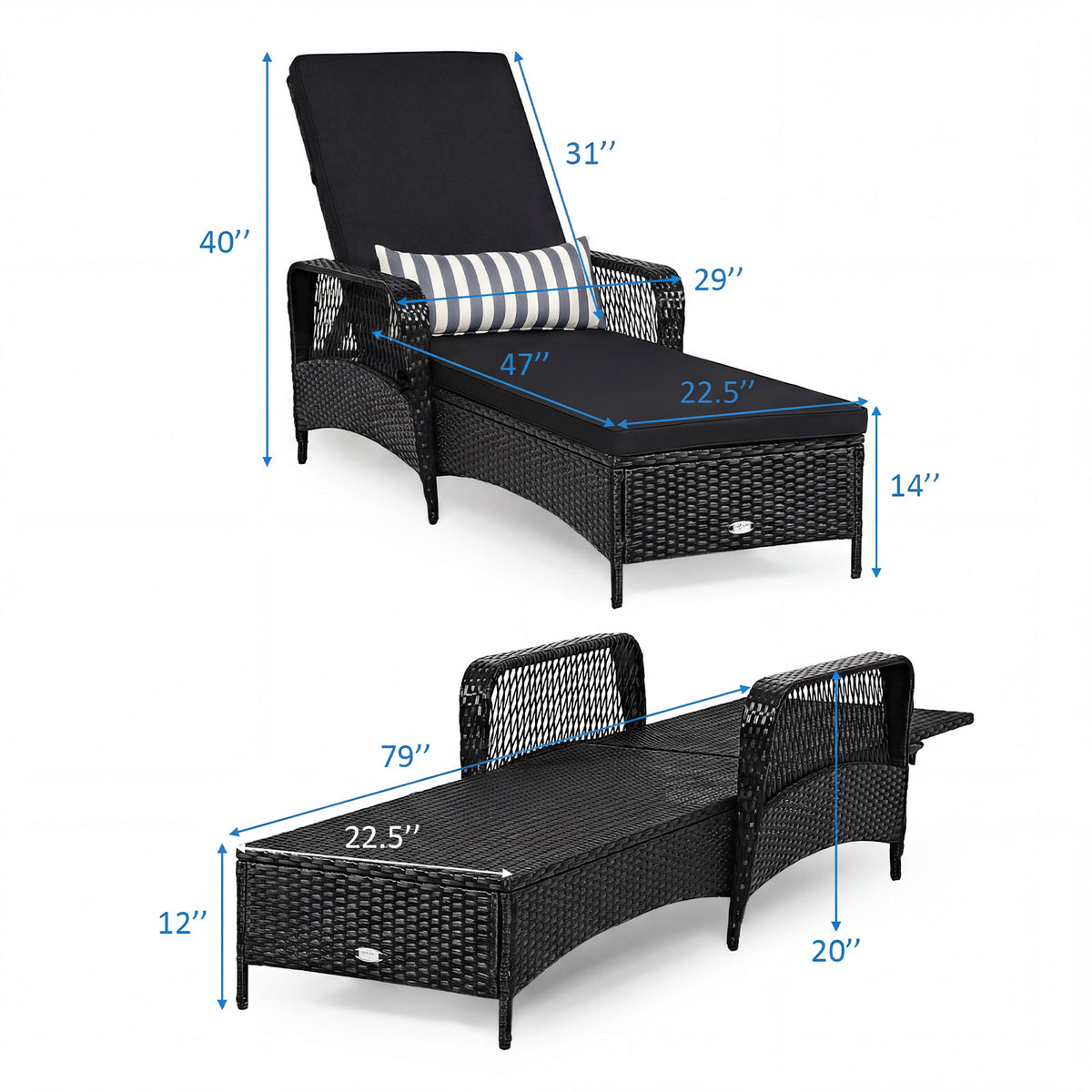 Patio Wicker Chaise Lounge Chair with Pillow and Adjustable Backrest with Cushion-Black-Outdoor Chaise Lounges-DECOROLALA