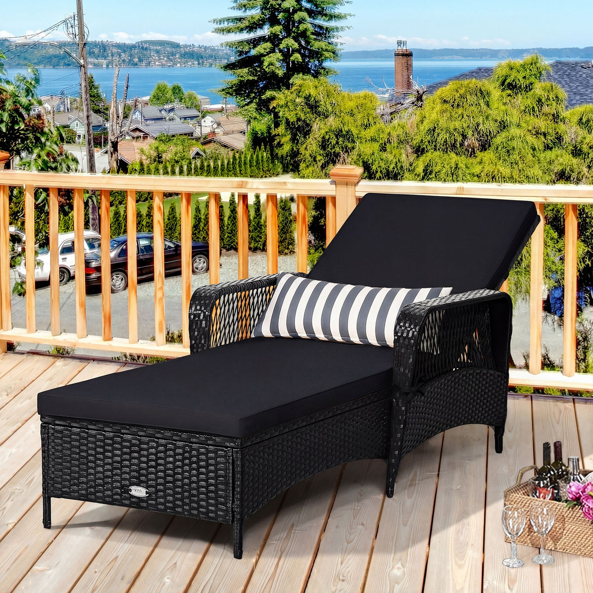 Patio Wicker Chaise Lounge Chair with Pillow and Adjustable Backrest with Cushion-Black-Outdoor Chaise Lounges-DECOROLALA