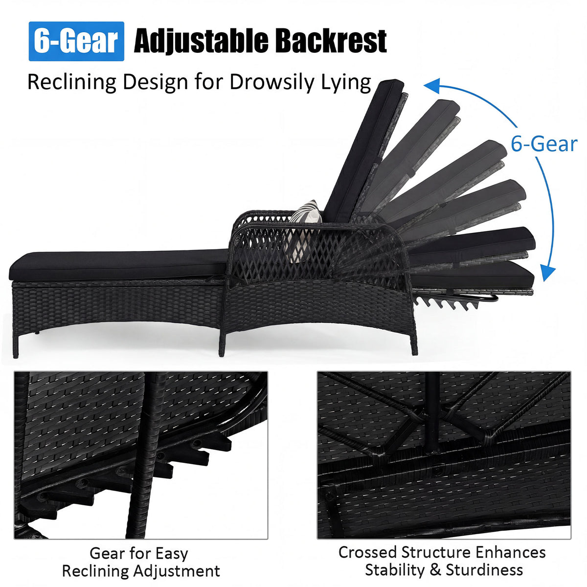 Patio Wicker Chaise Lounge Chair with Pillow and Adjustable Backrest with Cushion-Black-Outdoor Chaise Lounges-DECOROLALA