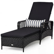 Patio Wicker Chaise Lounge Chair with Pillow and Adjustable Backrest with Cushion-Black-Outdoor Chaise Lounges-DECOROLALA