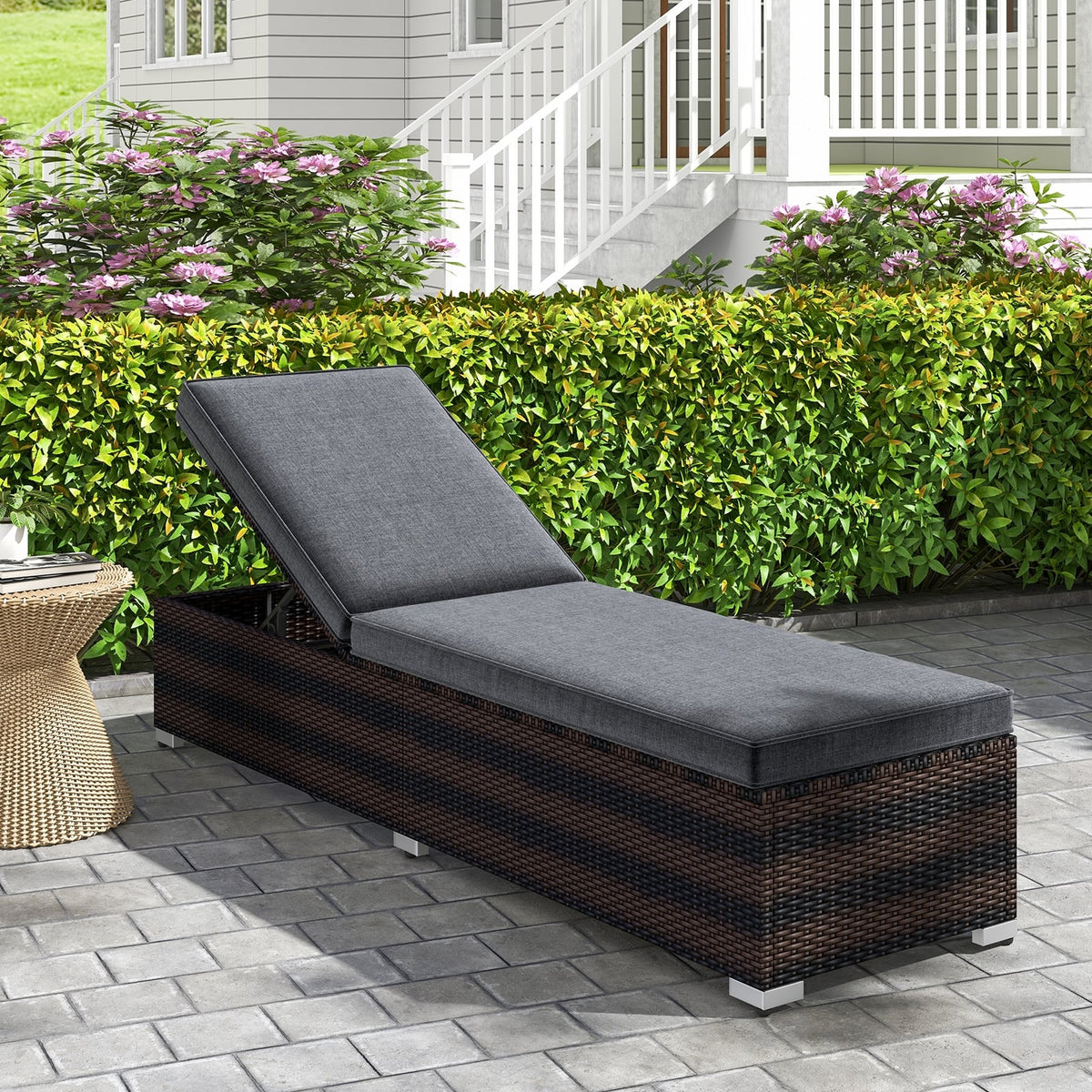 Patio Wicker Lounge Chair with 4-level Backrest and Long Seat Cushion-Brown-Outdoor Chaise Lounges-DECOROLALA