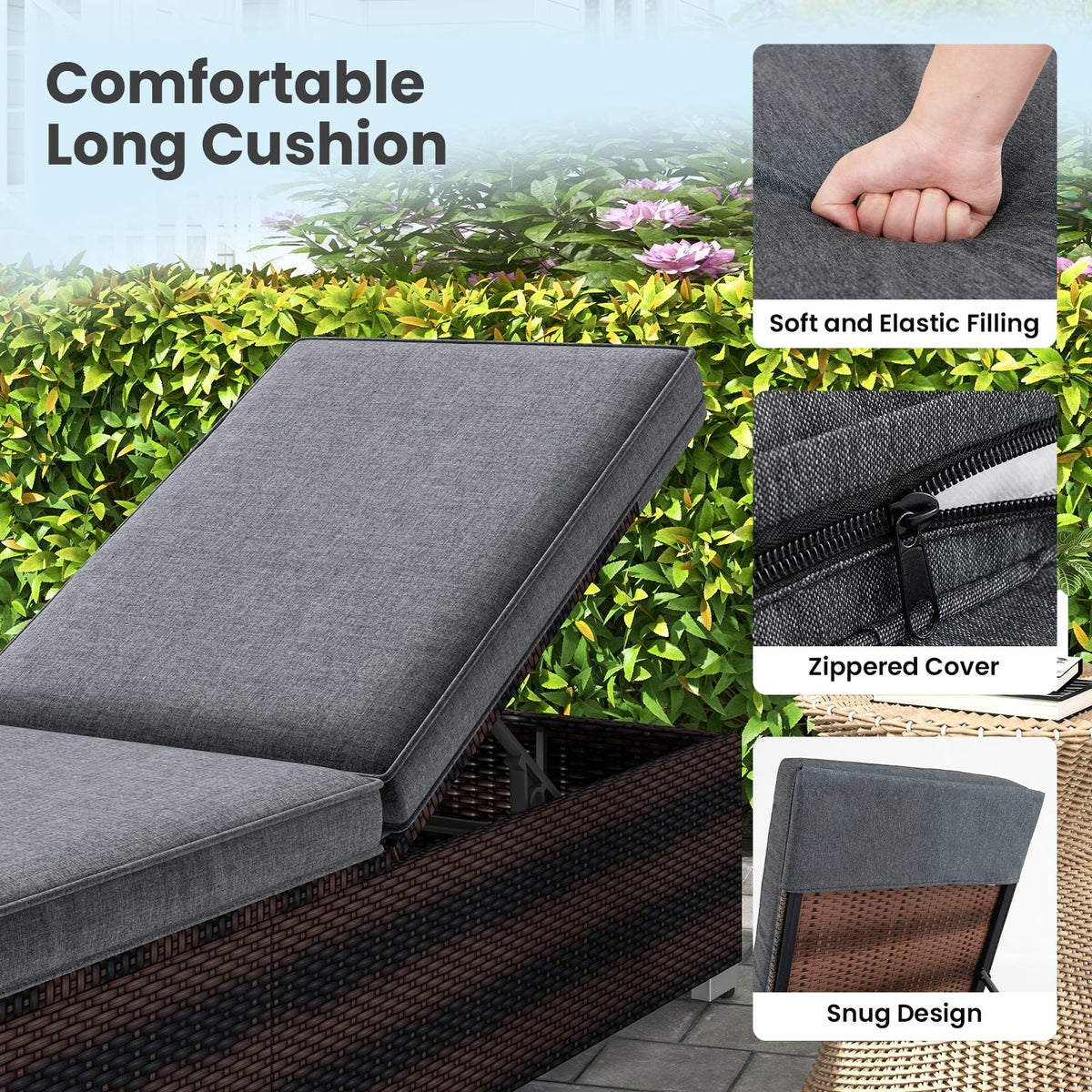 Patio Wicker Lounge Chair with 4-level Backrest and Long Seat Cushion-Brown-Outdoor Chaise Lounges-DECOROLALA