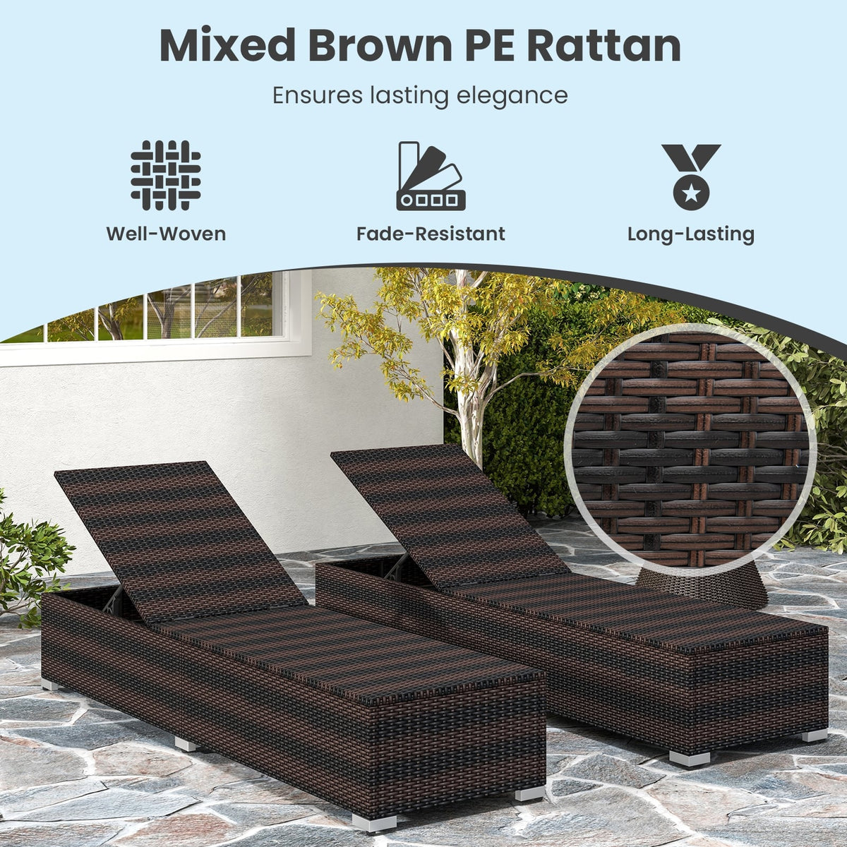 Patio Wicker Lounge Chair with 4-level Backrest and Long Seat Cushion-Brown-Outdoor Chaise Lounges-DECOROLALA