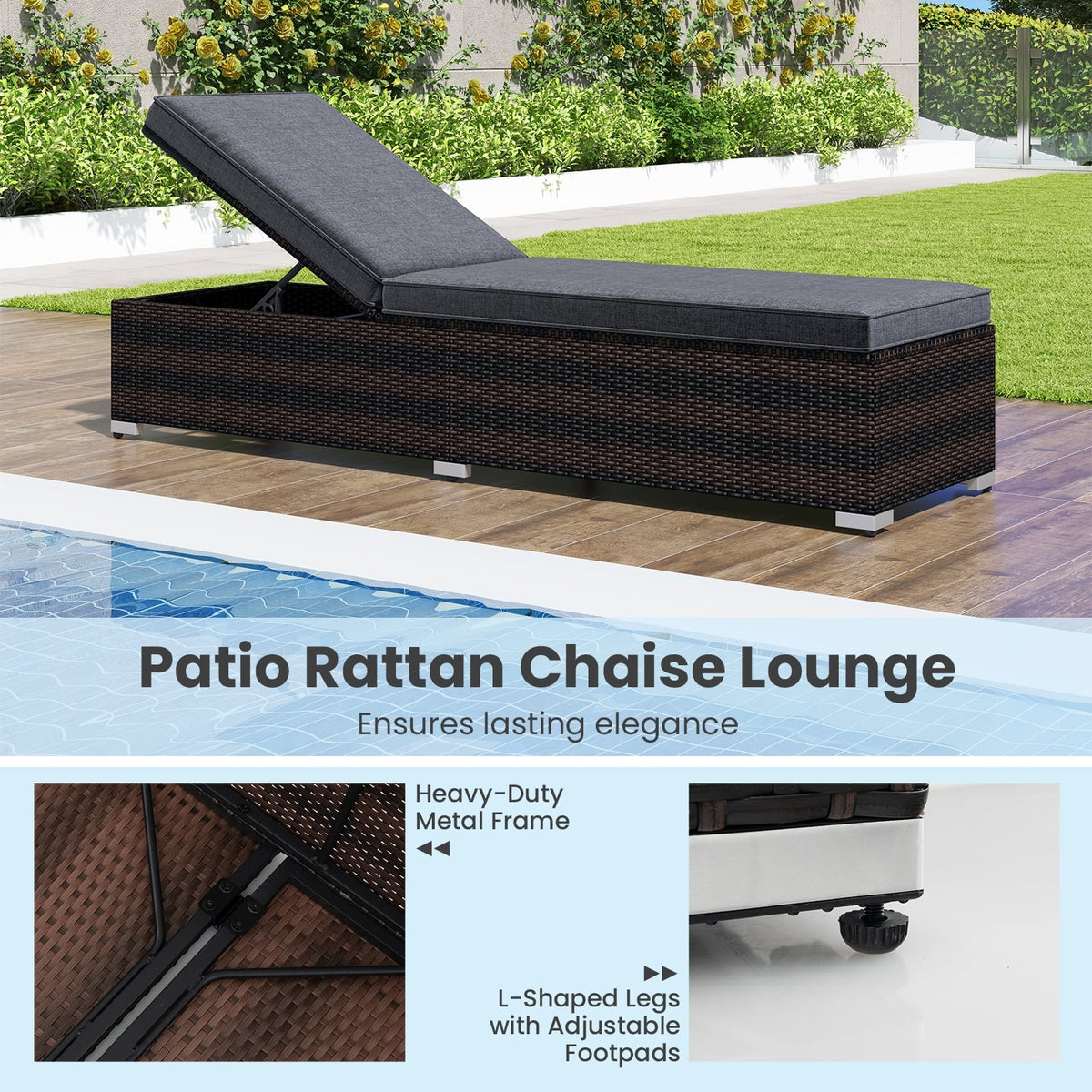 Patio Wicker Lounge Chair with 4-level Backrest and Long Seat Cushion-Brown-Outdoor Chaise Lounges-DECOROLALA