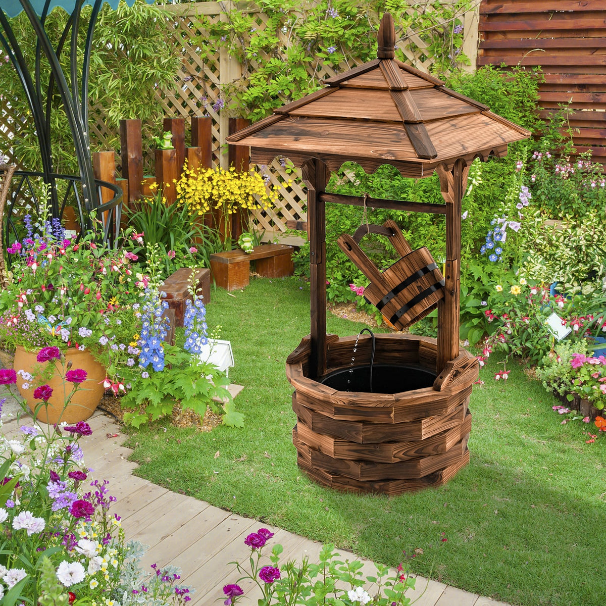 Patio Wooden Water Fountain with Electric Pump-Brown-Outdoor Water Fountains-DECOROLALA