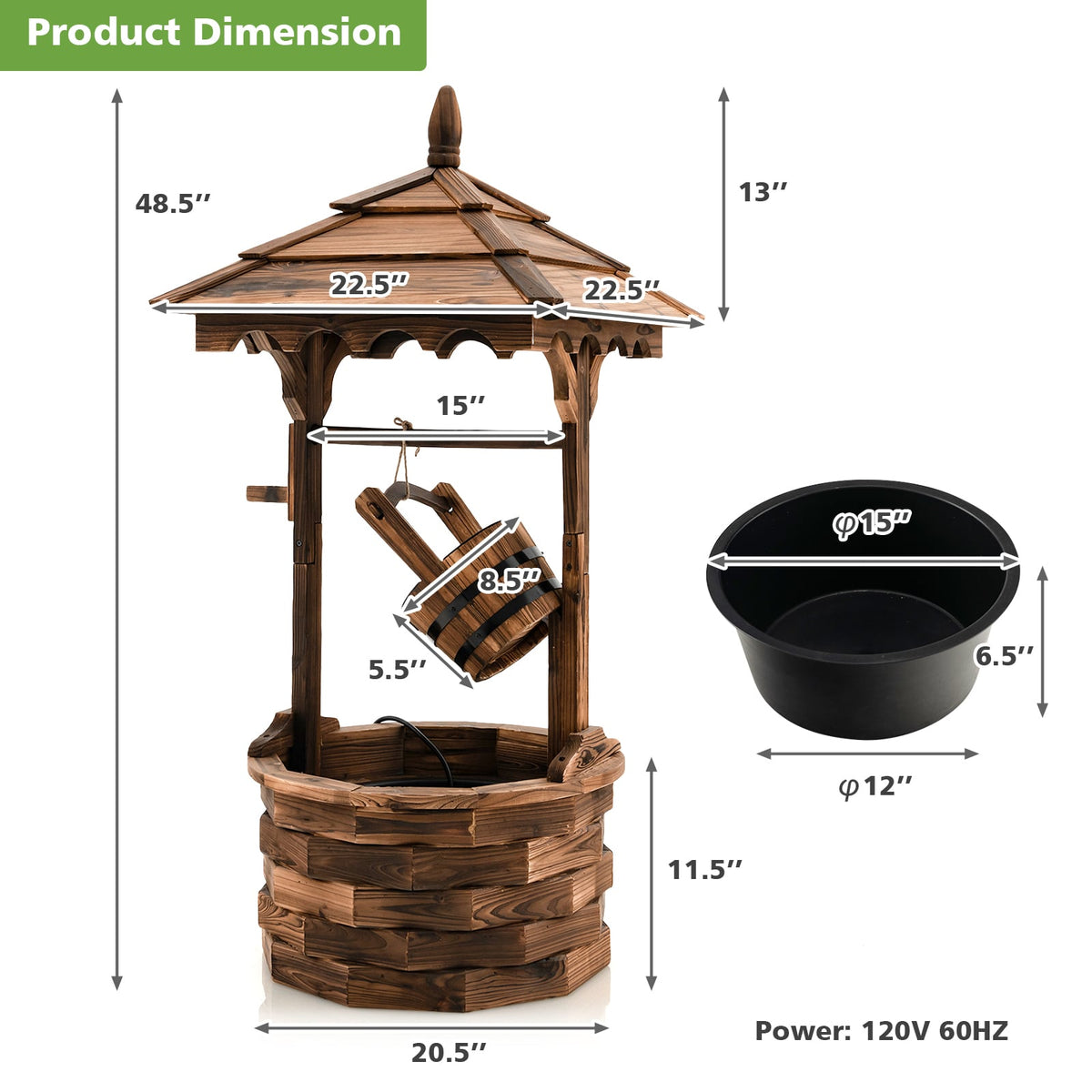 Patio Wooden Water Fountain with Electric Pump-Brown-Outdoor Water Fountains-DECOROLALA