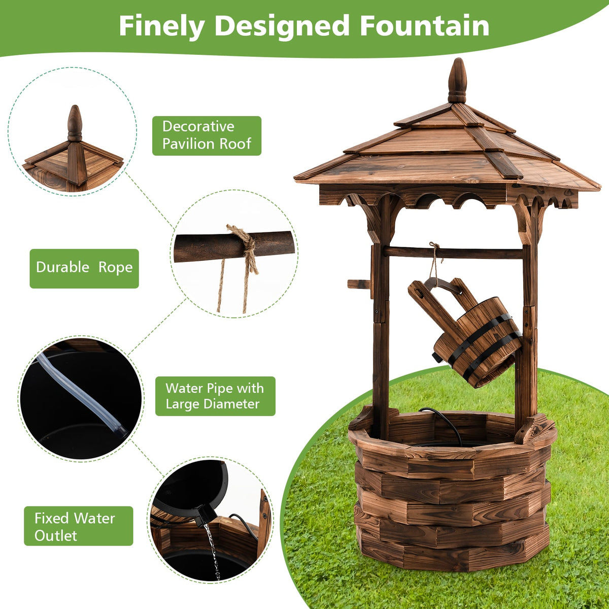 Patio Wooden Water Fountain with Electric Pump-Brown-Outdoor Water Fountains-DECOROLALA