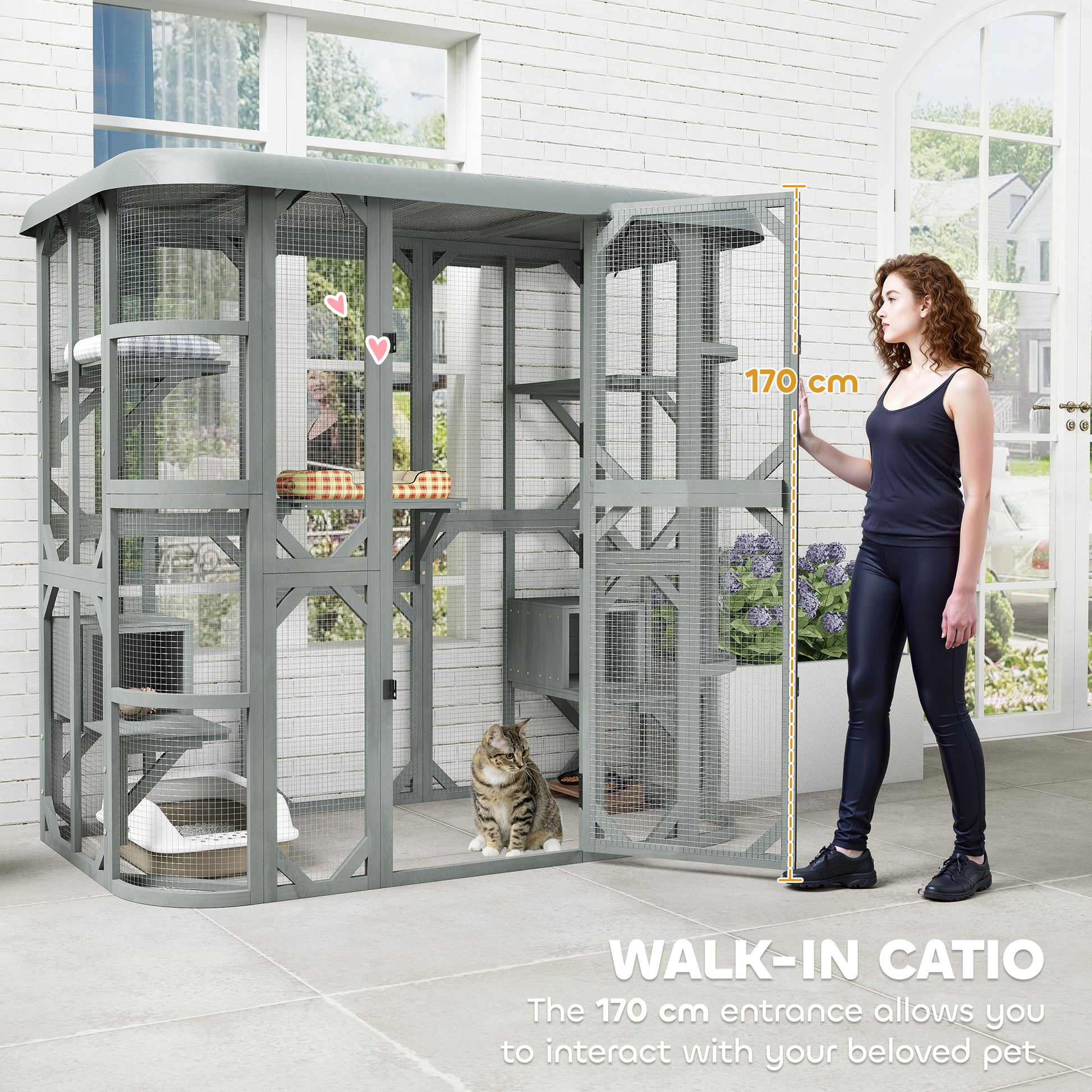PawHut 71" Wooden Outdoor Catio Enclosure - Grey-DECOROLALA