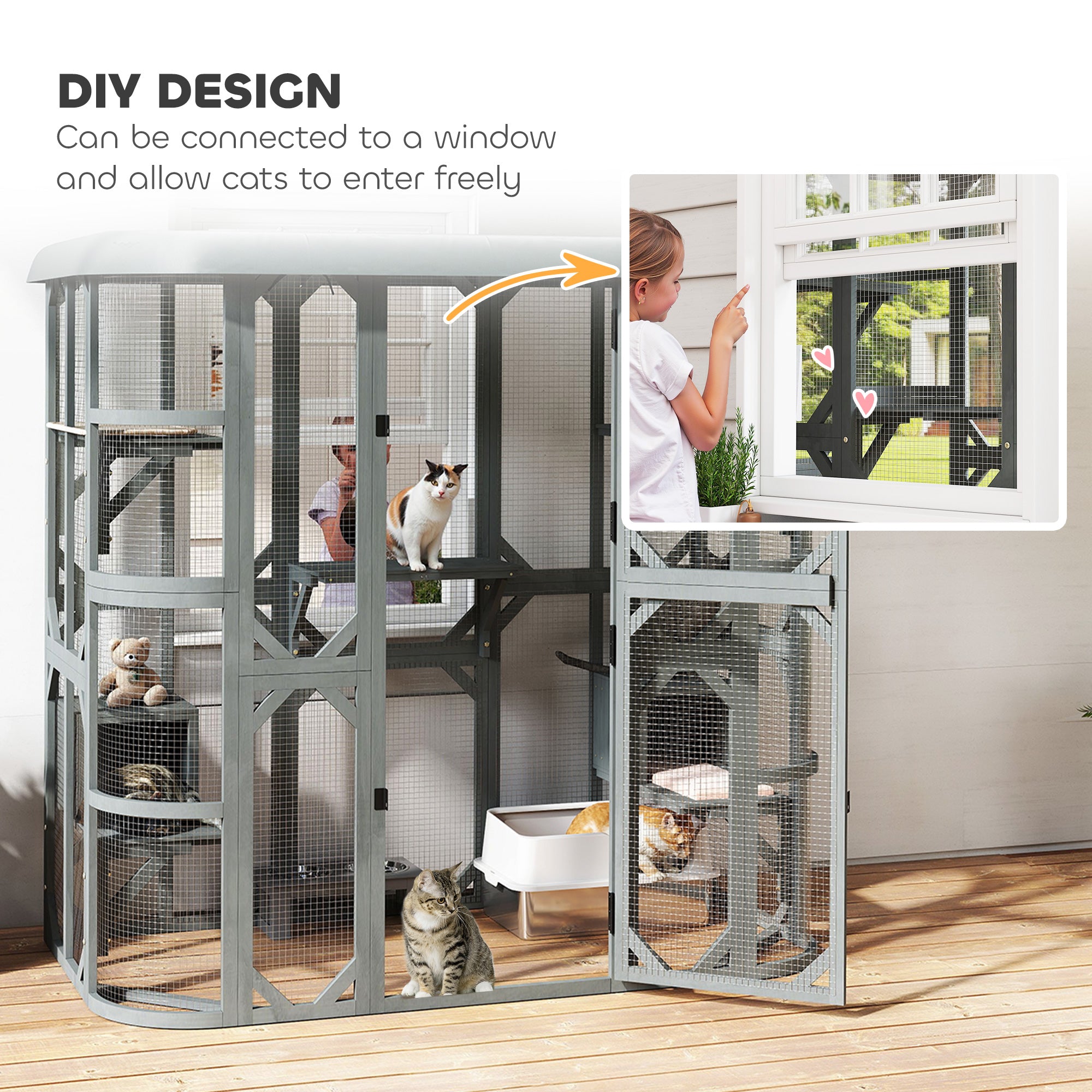 PawHut 71" Wooden Outdoor Catio Enclosure - Grey-DECOROLALA